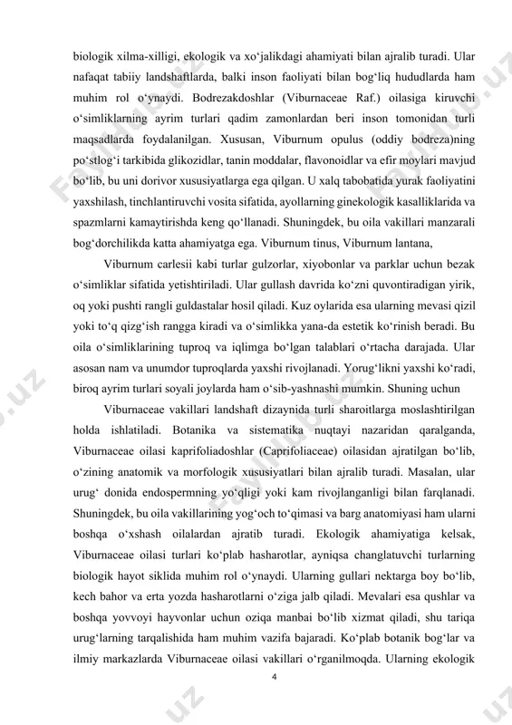 shti rangli guldastalar hosil qiladi. kuz oylarida esa ularning mevasi qizil yoki to‘q qizg‘ish rangga kiradi va o‘simlikka yana-da estetik ko‘rinish beradi. bu oila o‘simliklarining tuproq va iqlimga bo‘lgan talablari o‘rtacha darajada. ular asosan nam va unumdor tuproqlarda yaxshi rivojlanadi. yorug‘likni yaxshi ko‘radi, biroq ayrim turlari soyali joylarda ham o‘sib-yashnashi mumkin. shuning uchun viburnaceae vakillari landshaft dizaynida turli sharoitlarga moslashtirilgan holda ishlatiladi. botanika va sistematika nuqtayi nazaridan qaralganda, viburnaceae oilasi kaprifoliadoshlar (caprifoliaceae) oilasidan ajratilgan bo‘lib, o‘zining anatomik va morfologik xususiyatlari bilan ajralib turadi. masalan, ular urug‘ donida endospermning yo‘qligi yoki kam rivojlanganligi bilan farqlanadi. shuningdek, bu oila vakillarining yog‘och to‘qimasi va barg anatomiyasi ham ularni boshqa o‘xshash oilalardan ajratib turadi. ekologik ahamiyatiga kelsak, viburnaceae oilasi turlari ko‘plab hasharotlar, ayniqsa changlatuvchi turlarning biologik hayot siklida muhim rol o‘ynaydi. ularning gullari nektarga boy bo‘lib, kech bahor va erta yozda hasharotlarni o‘ziga jalb qiladi. mevalari esa qushlar va boshqa yovvoyi hayvonlar uchun oziqa …