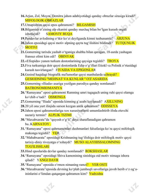 tkir ko‘zi deyilganda kimni tushunamiz? arjuna 20. jahon eposidagi qaysi motiv alpning qayta tug‘ilishini bildiradi? tutqunlik motivi 21. gomerning tarixda yashab o‘tganiga shubha bilan qaragan, 18-asrda yashagan fransuz olimi kim edi? obinyak 22. «efiopida» yunon turkum dostonlarining qaysiga tegishli? troya 23. fiva turkumiga doir qaysi dostonlarda edip o‘g‘illari etiokl va polinik o‘rtasidagi kurash tasvirlangan? fivaida va epigonlar 24. gesiod haqidagi biografik ma'lumotlar qaysi manbalarda uchraydi? gesiodning ''mehnat va kunlar '' o'z asarida 25. gomerning «iliada» asariga yozilgan parodiya qanday nomlanadi? batronomiomaniya 26. “ramayana” eposi qahramoni ramning umri tugagach uning ruhi qaysi olamga ko‘chib o‘tadi? osmonga 27. gomerning “iliada” eposida kimning g`azabi kuylanadi? axillning 28. 20 yil ona yurt ilinjida sarson kezgan antik qahramon? odisseya 29. jahon eposi qahramonlariga xos xususiyatlarni umumlashtirib ifoda etuvchi nazariy termin? alplik tizimi 30. “maxabxarata”da “quyosh o‘g‘li” deya sharaflanadigan qahramon bu..karnatoy . 31. “ramayana” eposi qahrnamonlari dushmanlari falsafasiga ko`ra qaysi mifologik makonga tegishli? yer 32. “mahabxarata” …
