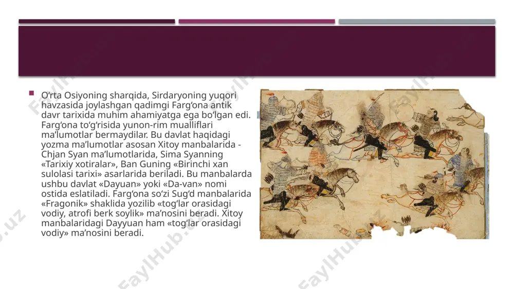 himoliy yo‘ldan karvon yo‘li harakati boshlanadi. bu yo‘ldan ipak va boshqa mahsulotlarning xalqaro tranzit savdosi amalga osha boshlaydi. bu paytga kelib davan aholisi ko‘paya boshlaydi va ko‘plab mustahkamlangan aholi manzilgohlari paydo bo‘ladi. savdo yo‘lida davan muhim ahamiyatga ega bo‘lib boradi. yassa va qoradaryo vohalarida ko‘pgina qal’alar savdo yo‘lini qo‘riqlash maqsadida barpo etilgan. mil. avv. 125 yilda davanga kelgan xitoy elchisi chjan syan bu yerda qishloq va shaharlari obod, sug‘orma dehqonchilik va hunarmandchilik xo‘jaliklari yuksak rivojlangan, kuchli harbiy kuchlarga ega davlatni ko‘radi. chjan syan davanning qishloq xo‘jaligi haqida ma’lumot berib, shunday yozadi: «o‘troq aholi yer haydaydi, g‘alla va sholi ekadi, ularda musallas navli uzum, juda ko‘plab yaxshi otlar bor. davanning barcha joylarida uzum vinosi tayyorlanadi. boy xonadonlar uni katta miqdorda tayyorlaydi, bu ichimlik xumlarda bir necha o‘n yillarda ham buzilmay saqlanadi». shuningdek bu elchi, bu davlat aholisi juda xushmuomala, mehmondo‘st, ko‘ngli ochiq odamlar ekanligi haqida ma’lumot beradi. xitoy manbalari qadimgi farg‘onada …