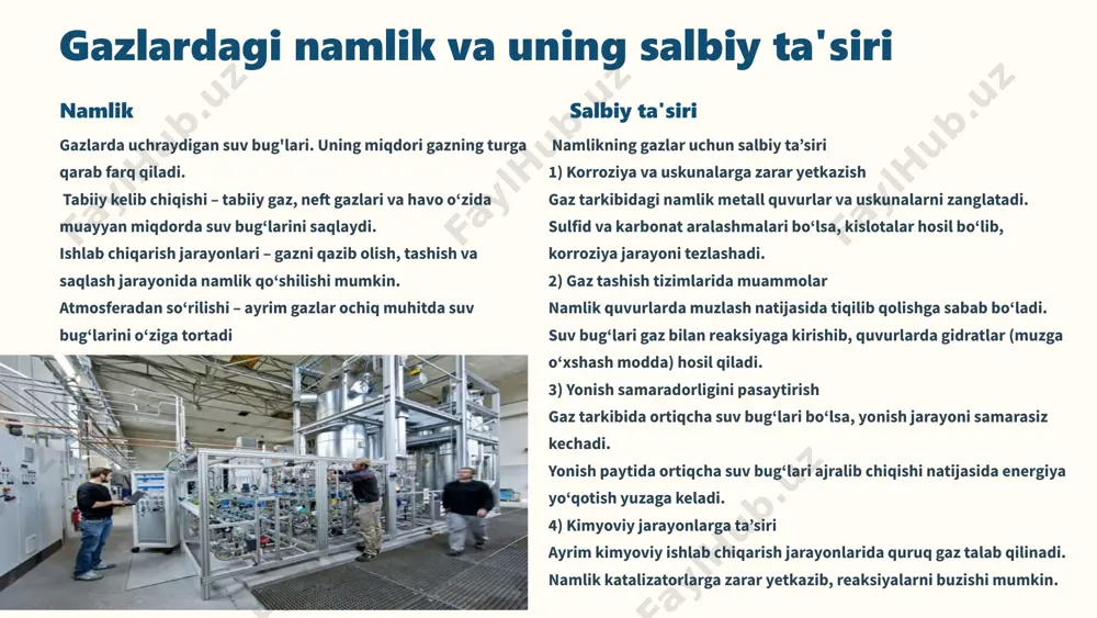 absorber yuqorisidan oqib, gazning qarama - qarshi oqimi bilan kontaktlashib suv bug'lari bilan to'yinadi. namlik bilan to'yingan absorbent iv absorber 1 pastidan turbina 3 da redutsiyalanadi va issiqlik almashuvchi 5 dan so‘ng desorber 6 ga kelib tushadi. regeneratsiyalangan absorbent iii desorber 6 pastidan issiqlik almashuvchi 5 da sovililadi va 4 idishga tushadi, u yerdan nasos 3 bilan sovitgich 2 orqali haydaladi va yana absorber i ga beriladi. idish 4 ga yo‘qotishlarni to‘idirish uchun yangi absorbent vii beriladi. desorber 6 ga suv bug‘lari parsial bosimini pasaytirish uchun bug’latuvchi agent vi beriladi. 5 adsorbsion quritish texnologiyasi 1 ,7 - ajratgichlar; 2, 3 - adsorber-desorberlar; 4 - quvurli pech; 5 - gaz purkagich; 6- kondensator-sovitgich; f - nam gaz; ii - quritilgan gaz; iii - desorbsiya uchun quritilgan gaz; iv -desorbsiya uchun nam gaz; v - suv; vi - adsorbentni sovitish uchun quritilgan gaz bu sxemaga ko‘ra nam gaz i kirish ajratgichi 1 …
