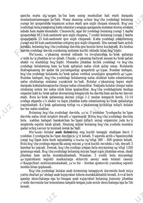 ga ko’tariladi. bog’cha yoshidagi bolaning har bir xatti – harakatidan uning mustaqilligi, nutqning elementar bo’lsa ham, gramatik jihatdan to’g’ri shaklini amaliy o’zlashtira boshlaganligi ko’rinib turadi. bog’cha yoshidagi bolalarning ko’zga tashlanib turuvchi hususiyatlaridan yana biri ularning taqlidchanlik va serharakatliklaridir. bog’cha yoshidagi davrida bolalarning naqadar serharakat bo’lishlari barcha ota-onalarga tarbiyachilarga ma’lum bu yoshdagi bola butun kun davomida xilma- xil va tinimsiz harakat qilish orqali atrofdagi muhit va odamlar bilan munosabatda bo’ladi. binobarin, shunday xilma-xil harakatlar tufayli o’z tasavvuri hamda bilim doirasini kengaytirib boradi. bog’cha yoshidagi bolaning jismoniy jihatdan o’sishini harakterli tomoni shundan iboratki, bu davrda ham bolaning tanasi bilan qo’l-oyoklari barobar mutanosiblikda o’smaydi.bog’cha yoshidagi bolalarnig oyoqlari nisbatan ko’prok o’sadi. biroq, shunga qaramay, 6 yoshgacha bo’lgan bolaning suyaklari xali yaxshi qotmagan, ya’ni tog’aysimon bo’ladi. muskullari ham hali baquvvat bo’lmaydi. shuning uchun bog’cha yoshidagi bolalar ma’lum muddat davomida qiyshiq o’tirib qolishlari yoki bo’lmasa, qaltis harakat qilishlari orqasida umurtqa suyaklarini qiyshaytirib qo’yishlari mumkin. ana shuning …
