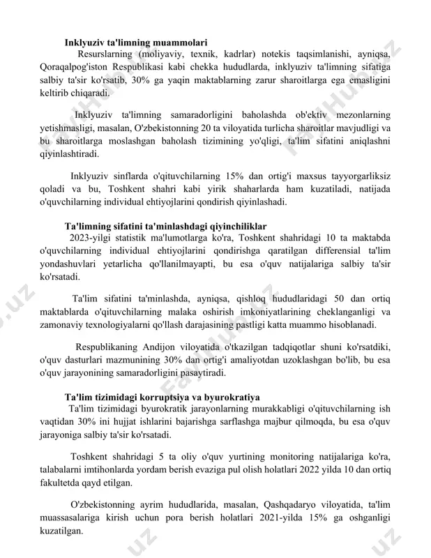 uammolari resurslarning (moliyaviy, texnik, kadrlar) notekis taqsimlanishi, ayniqsa, qoraqalpog'iston respublikasi kabi chekka hududlarda, inklyuziv ta'limning sifatiga salbiy ta'sir ko'rsatib, 30% ga yaqin maktablarning zarur sharoitlarga ega emasligini keltirib chiqaradi. inklyuziv ta'limning samaradorligini baholashda ob'ektiv mezonlarning yetishmasligi, masalan, o'zbekistonning 20 ta viloyatida turlicha sharoitlar mavjudligi va bu sharoitlarga moslashgan baholash tizimining yo'qligi, ta'lim sifatini aniqlashni qiyinlashtiradi. inklyuziv sinflarda o'qituvchilarning 15% dan ortig'i maxsus tayyorgarliksiz qoladi va bu, toshkent shahri kabi yirik shaharlarda ham kuzatiladi, natijada o'quvchilarning individual ehtiyojlarini qondirish qiyinlashadi. ta'limning sifatini ta'minlashdagi qiyinchiliklar 2023-yilgi statistik ma'lumotlarga ko'ra, toshkent shahridagi 10 ta maktabda o'quvchilarning individual ehtiyojlarini qondirishga qaratilgan differensial ta'lim yondashuvlari yetarlicha qo'llanilmayapti, bu esa o'quv natijalariga salbiy ta'sir ko'rsatadi. ta'lim sifatini ta'minlashda, ayniqsa, qishloq hududlaridagi 50 dan ortiq maktablarda o'qituvchilarning malaka oshirish imkoniyatlarining cheklanganligi va zamonaviy texnologiyalarni qo'llash darajasining pastligi katta muammo hisoblanadi. respublikaning andijon viloyatida o'tkazilgan tadqiqotlar shuni ko'rsatdiki, o'quv dasturlari mazmunining 30% dan ortig'i amaliyotdan uzoklashgan bo'lib, bu …