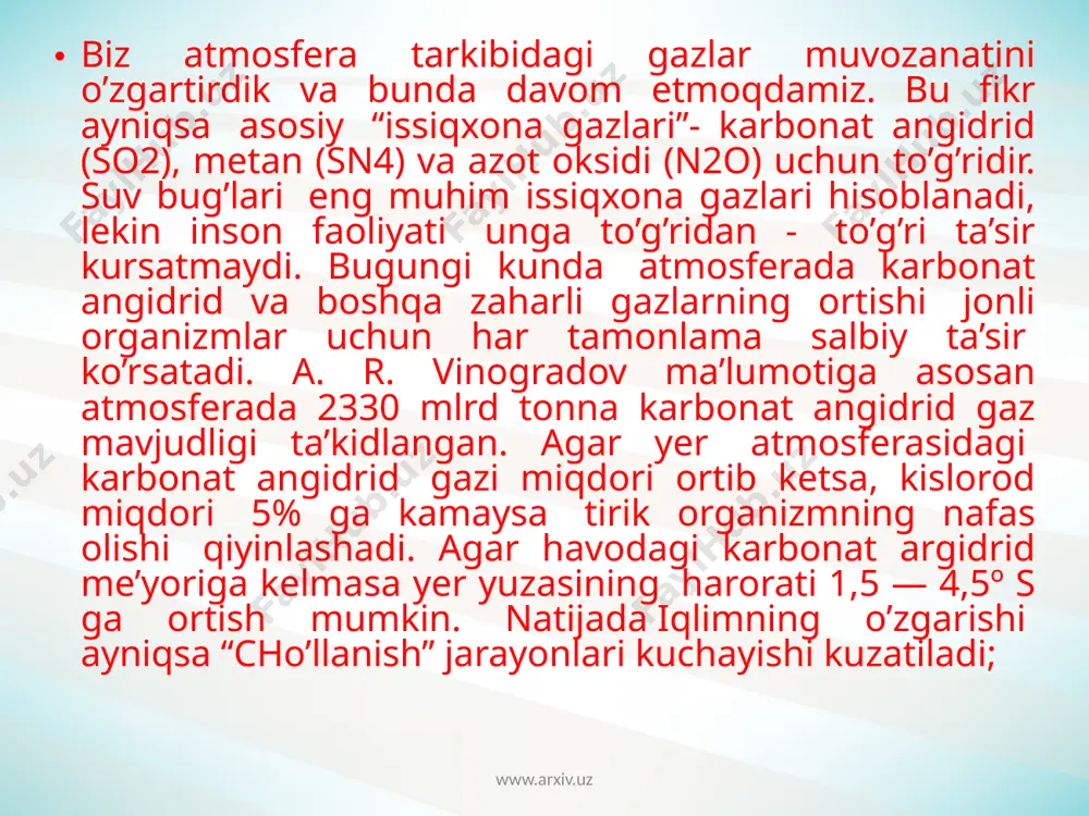 hilik olimlarning fikricha, ehtimol, kelgusi 100 yil davomida «global isish» 1,4o -5,8o c qiymatlardan kuzatilishi mumkin. bu qiymatlar sanoatlashish davrigacha, ya’ni 1850 yilgacha sel’siy haroratining 0,5ºc ga ko’tarilganiga qo’shimchadir. bu qiymatning ma’lum qismi ham o’tmishda atmosferaga chiqarilgan issiqxona gazlari tufayli bo’lishi mumkin. bugungi kunda insoniyat uchun eng og’ir global muammo isish havfidir. www.arxiv.uz global isish muammosi yoki issiqxona effektiga asosiy sabab, atmosferaga har xil gazlarining ko’p chiqarilishi yoki antropogen oqibatlar ta’siridir. sivilizatsiya natijasida sanoat va texnika rivojlandi, avtomobillar soni keskin ko’paydi, o’rmonlar, o’tloqlar kamayishi tufayli atmosferada so2 gazi miqdori oshdi. www.arxiv.uz www.arxiv.uz sanoat chiqindilari qayta ishlanmasligi ham atmosferaga chiqadigan so2 gazining oshib ketishiga sabab bo’lmokda. demak, u yoki bu tarzda hosil bo’lgan karbonat angedrid va boshqa zararli gazlar havoga tarqaladi, ularning ko’zga ko’rinmaydigan zarrachalarini g’ira — shira pardalar hosil qilib, havoda muallaq suzib turadi. issiqlik effektining asosiy manbai suv bug’i (u yer atmosferasida 0,3 % bo’lsa, issiqlik effekti natijasida 70% …