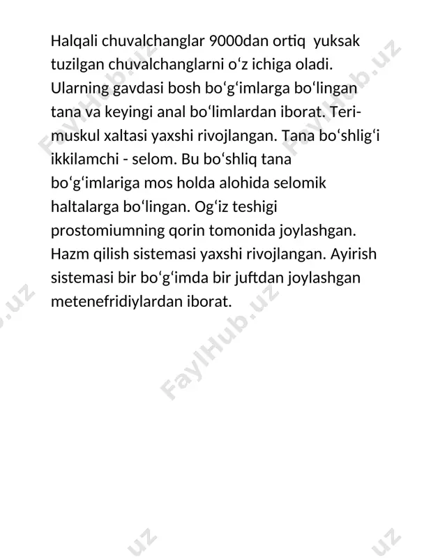 bu tip yonbosh nervlilar va chig‘anoqlilar kenja tiplariga ajratiladi. · onixoforalar. (onychophora) onixoforalar janubiy yarimsharning tropik va mo‘tadil iqlimida hayot kechiradi. chuvalchangsimon tanasi bo‘g‘imlarga bo‘lingan. bu tipga 70ga yaqin tur kiradi. hamma onixoforalarning bosh bo‘limi tanadan aniq ajralmagan. tanasi gomonom bo‘g‘imlardan iborat bo‘lib ular o‘rtasidagi chegara aniq ko‘rinmaydi. har bir tana bo‘g‘imida bir juftdan sodda tuzilgan oyoqlar bo‘ladi. tashqi xitin qoplag‘ichi bo‘lmaydi teri-muskul xaltasi silliq muskullardan iborat. tana bo‘shlig‘i aralash mikotseldan iborat. qon aylanish sistemasi ochiq bo‘lib yuragi orqa tomonda joylashgan. ayirish organlari halqali chuvalchanglarga o‘xshash har bir bo‘g‘imda joylashgan metenefridiylardan iborat. traxeyalar orqali nafas oladi. bu tipga yagona birlamchi traxeyalilar sinfi kiradi. · ikkilamchi og‘izlilar.(deuterostomia) ignaterililar. (echinodermata) ignaterililar - ikkilamchi tana bo‘shliqli hayvonlar voyaga yetgan davrida tana simmetriyasi radial bo‘ladi. ignaterililar selomi yaxshi rivojlangan bo‘lib suyuqlik bilan to‘lgan. bu bo‘shliqda ichki organlari joylashgan. selomining murakkab tuzilishi va unda bir qator sistemalarning hosil bo‘lishibilan ignaterililar boshqa hayvonlardan keskin farq qiladi. …