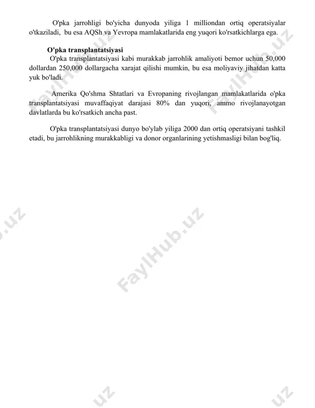 kopik jarrohlikni amalga oshiradi. o'pka jarrohligi bo'yicha dunyoda yiliga 1 milliondan ortiq operatsiyalar o'tkaziladi, bu esa aqsh va yevropa mamlakatlarida eng yuqori ko'rsatkichlarga ega. o'pka transplantatsiyasi o'pka transplantatsiyasi kabi murakkab jarrohlik amaliyoti bemor uchun 50,000 dollardan 250,000 dollargacha xarajat qilishi mumkin, bu esa moliyaviy jihatdan katta yuk bo'ladi. amerika qo'shma shtatlari va evropaning rivojlangan mamlakatlarida o'pka transplantatsiyasi muvaffaqiyat darajasi 80% dan yuqori, ammo rivojlanayotgan davlatlarda bu ko'rsatkich ancha past. o'pka transplantatsiyasi dunyo bo'ylab yiliga 2000 dan ortiq operatsiyani tashkil etadi, bu jarrohlikning murakkabligi va donor organlarining yetishmasligi bilan bog'liq. 📌xulosa тиббиётда энг кўп қўлланиладиган ўпкалар, асосан, сунъий вентиляция ва ўпка трансплантациясида муҳим аҳамиятга эга бўлиб, беморларнинг нафас олишини яхшлаш ва ҳаёт сифатини оширишга хизмат қилади. 📚foydalanilgan adabiyotlar 1. tibbiyotda eng ko'p qo'llaniladigan o'pka to'qimalarining manbalari haqida ma'lumot beradigan nashrlar ro'yxati yo'q. ilmiy adabiyotlarda "eng ko'p qo'llaniladigan o'pka" tushunchasi aniq belgilangan emas. o'pka transplantatsiyasi bilan bog'liq ma'lumotlarga ega bo'lgan maqolalarni qidirish …