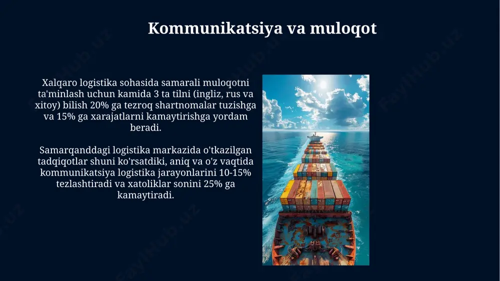 xalqaro logistika xizmatlariga boʻlgan talabni, xususan, osiyo-tinch okeani mintaqasida sezilarli darajada oshiradi. aqsh va yevropa ittifoqi oʻrtasidagi savdo aloqalarining kuchayishi natijasida, 2024-yilda atlantika okeani boʻylab yuk tashish hajmi 10% ga ortadi, bu esa yangi logistika infratuzilmalari va malakali mutaxassislarga boʻlgan talabni keltirib chiqaradi. logistika xarajatlarini optimallashtirish tovarlarni konsolidatsiya qilish va optimallashtirilgan yuk tashish sxemalarini qo‘llash orqali, masalan, rossiya va evropa o‘rtasida amalga oshiriladigan yuk tashishlarda, har bir yuk uchun o‘rtacha 30-40 aqsh dollari tejashga erishish mumkin. zamonaviy texnologiyalar, jumladan, gps kuzatuvi va real vaqt rejimida yuklarni boshqarish tizimlarini qo‘llash orqali, o‘zbekiston va qozog‘iston o‘rtasidagi yuk tashishlarida yo‘qotishlar va kechikishlarni 5-7% ga kamaytirish mumkin, bu esa xarajatlarni sezilarli darajada pasaytiradi. davlatning roli va tartibga solish ақшнинг федерал логистика агентлиги йилига 10 миллиард доллардан ортиқ маблағни халқаро транспорт инфратузилмасини ривожлантириш ва киберхавфсизликни таъминлашга йўналтиради, бу билан глобал таъминот занжирининг барқарорлигини кучайтиради. жаҳон савдосининг 20% дан ортиғини ташкил этувчи хитой каби давлатлар халқаро …