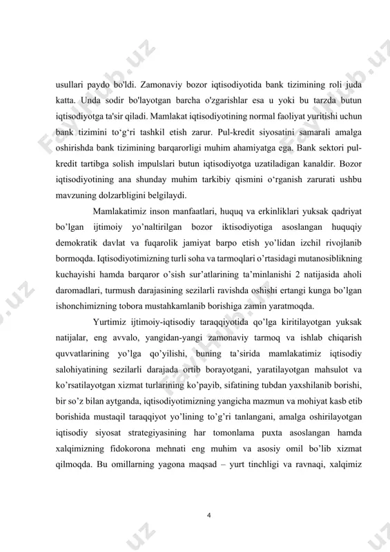 staqillik yillarida o’zbekiston avvalgidan tubdan farq qiluvchi yangi iqtisodiy munosabatlarga asoslangan iqtisodiy rivojlanishning navbatdagi bosqichlariga o’tib bormoqda. bozor iqtisodiyoti asosida pul-tovar munosabatlari yotadi. tovar-pul munosabatlari - tovar ishlab chiqarish, tovarlarni ayirboshlash va pul muomalasiga xos munosabatlarni ifoda qiladi. bozor iqtisodiyoti erkin pul-tovar munosabatlariga asoslangan, iqtisodiy monopoliyani inkor qiluvchi, ijtimoiy taraqqiyotga, aholini ijtimoiy muxofaza qilish yo’nalishiga ega bo’lgan va boshqarilib boriladigan iqtisoddir. o’zbekiston respublikasi iqtisodiyotida bozor munosabatlarini qaror toptirish dolzarb tadbirlardan bo’lgan pul, kredit va bank tizimida ham chuqur o’zgarishlarni amalga oshirishni taqozo qildi. bozor munosabatlariga o’tish iqtisodiy kategoriya sifatida pulning, kreditning, foiz, soliq va boshqa kategoriyalarning mohiyati va ahamiyatiga yangicha yondashish zarurligini taqozo qiladi. bozor munosabatlariga o’tish sharoitida bank-moliya tizimining ahamiyati tubdan o’zgarmoqda. bozor munosabatlarini boshqarish sohasida davlat tomonidan olib boriladigan barcha ishlarning og’irlik markazi ana shu tizimlarga ko’chdi. shu sababli, bank tizimini takomillashtirish, banklarning mustaqilligi va pul muomalasidagi ahvol uchun javobgarligini oshirish, pul-kredit munosabatlarini tartibga solish, so’mning barqarorligi va …
