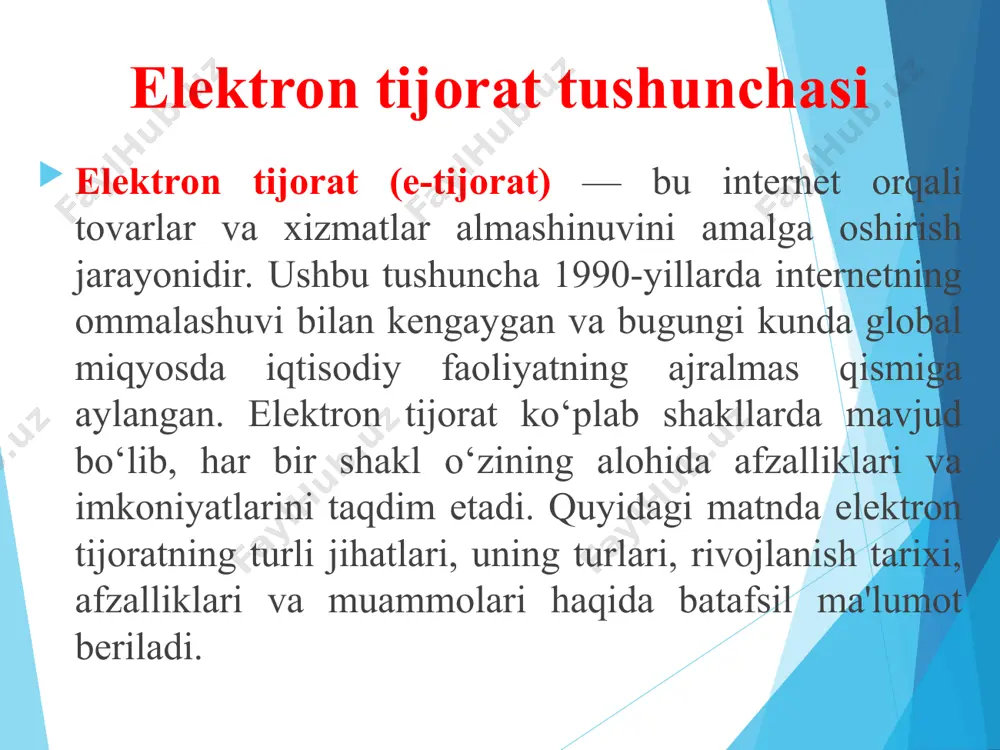 zorga chiqish imkoniyatini berdi. 1994-yilda amazon va ebay kabi kompaniyalar asos solingan. amazon ilk bosqichda kitob savdosi bilan shug'ullangan bo'lsa, ebay mijozlar o'rtasida tovar almashinuvi uchun platforma sifatida xizmat qilgan. bu kompaniyalar elektron tijoratning samaradorligi va qulayligini isbotlab, uni ommalashtirishga katta hissa qo'shdi. elektron tijoratning texnologik asoslari internet va www: internet savdo platformalarining asosi hisoblanadi. to'lov tizimlari: kredit kartalari, elektron hamyonlar va onlayn banking. ma'lumotlar xavfsizligi: ssl va boshqa shifrlash texnologiyalari mijoz ma'lumotlarini himoya qilishda muhim rol o'ynaydi. logistika: mahsulotlarni yetkazib berish tizimlari elektron tijoratning ajralmas qismi hisoblanadi. elektron tijoratning muvaffaqiyatli rivojlanishi texnologik asoslarga tayanadi. bu texnologiyalar quyidagilardan iborat: elektron tijoratning an'anaviy savdo turlaridan farqi elektron tijorat va an'anaviy savdo bir xil maqsad – mahsulot va xizmatlarni sotish orqali foyda olishga qaratilgan bo‘lsa-da, ularning ishlash usullari, imkoniyatlari va cheklovlari sezilarli darajada farq qiladi. elektron tijorat internet va texnologiyalar asosida rivojlangan bo‘lib, an'anaviy savdoning vaqt va joy chegaralarini bartaraf etdi. an'anaviy …
