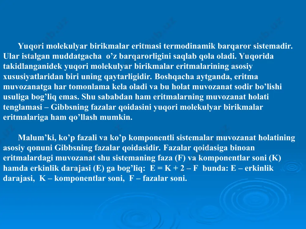 acha bo’kkach, jarayon to’xtaydi va erish bo’lmaydi. buning sababi - yuqori molekulyar birikma bilan erituvchi o’zaro cheklangan ravishda aralasha olish imkoniyatiga egaligidandir. buning natijasida, jarayon oxirida, sistemada ikkita faza hosil bo’ladi: polimerning erituvchidagi to’yingan eritmasi va erituvchining polimerdagi to’yingan eritmasi (bo’kkan polimer) hosil bo’ladi. chegarali bo’kishda polimerning hajmi va eritmasining konsentrasiyasi doimiy bo’ladi. ko’pincha chegarali bo’kish tajriba sharoitining o’zgarishi bilan cheksiz bo’kishga o’tadi. masalan, jelatina yoki agar-agar moddasi suvda chekli bo’ksa, harorat ortishi bilan unda eriydi. bo’kish miqdorini aniqlash maqsadida polimerning bo’kish darajasi degan tushunchadan foydalaniladi. u q = m – mo / mo formula orqali aniqlanadi. bunda: mo – polimerning bo’kishgacha bo’lgan massasi; m – polimerning bo’kishdan keyingi massasi. namunaning bo’kish darajasini uning hajm o’zgarishi orqali ham aniqlash mumkin. bu holda tenglama q= v – vo / vo ko’rinishida bo’ladi. makromolekulaning o’lchami katta bo’lganidan polimerning bo’kish va erish jarayonlari uzoq vaqtga cho’ziladi. polimerni ma’lum vaqt oralig’ida tarozida tortish yoki …