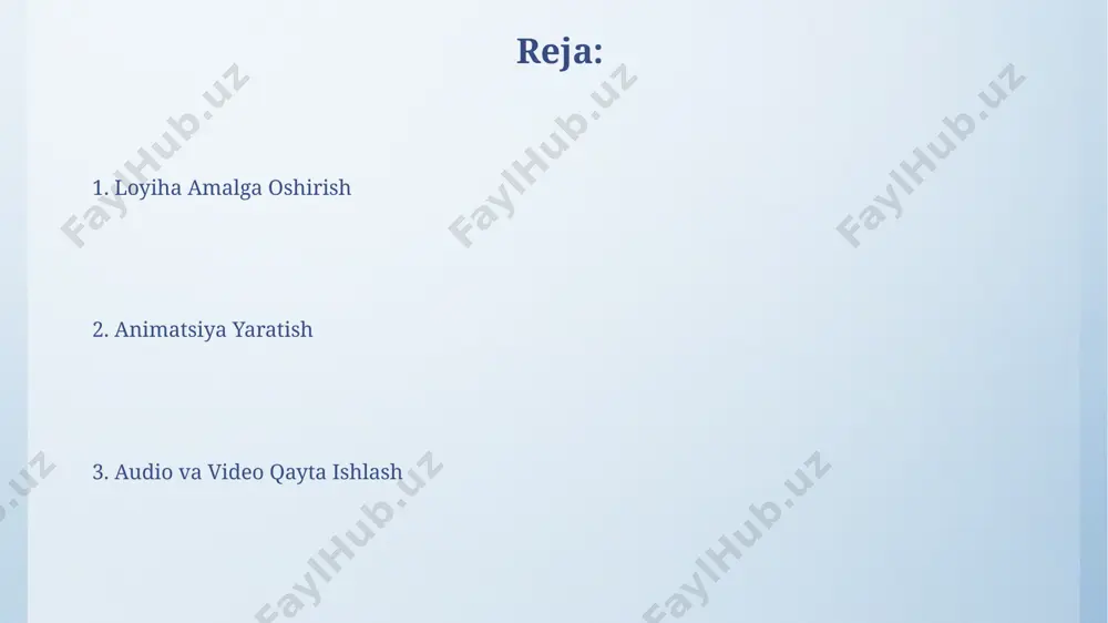 265 yoki vp9 ni qo'llash orqali fayl hajmini 50% gacha qisqartirish mumkin. audio trekni bitrate'ini 128 kbps dan 96 kbps gacha pasaytirish orqali audio sifatiga sezilarli ta'sir qilmasdan fayl hajmini 25% ga kamaytirish mumkin. 3d animatsiya texnikalari 3d animatsiyasi modellashtirishda poligonlar soni (masalan, 100000 poligonli model) va teksturalarning sifatiga (2k, 4k yoki undan yuqori) bog'liq holda renderlash vaqtiga sezilarli ta'sir ko'rsatadi. 3d animatsiyaning turli xil dasturlari (maya, blender, 3ds max) o'ziga xos xususiyatlarga ega bo'lib, turli xil loyihalar uchun ma'lum bir dastur tanlash muhimdir, masalan, fizika simulyatsiyasi yoki real vaqt rejimida renderlash. yakuniy natija va taqdimot yakuniy videoning sifatini 1080p yoki 4k rezolyutsiyada ta’minlash uchun yuqori sifatli renderlash sozlamalaridan foydalanish muhim, bu esa tomoshabinlarga aniq va jozibali tajriba yaratadi. audio miksajining balansi va tovush effektlari kabi texnik jihatlarni hisobga olib, yakuniy mahsulot sifatida 20-30 soniyali promo-rolik yaratish loyiha samaradorligini oshiradi. ranglarni tahrirlash va effektlar ranglarni tuzatishda 3-bandli ranglar balansi (rgb) …