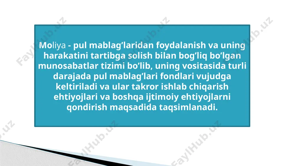 r berish soliq toʻlovchilarni qoʻliga tekkan daromadini oshiradi. maqsadli imtiyozlar ularni yaxshi ishlashga undaydi. 3. ijtimoi y himoya vazifasi — nochor aholi qatlamlari davlatdan, korxona va har xil nodavlat tashkilotlaridan va puldor fuqarolardan moliyaviy yordam oladi. mazkur vazifani davlat byudjetining ijtimoiy himoya uchun ajratilgan mablagʻlari bajaradi. 4. axborot berish vazifasi — mamlakat va ayrim subʼyektlarning moliyaviy ahvoli haqida axborot. moliyaviy ahvolni tavsiflovchi axborot (koʻrsatkichlar) iqtisodiyotga tashhis qoʻyishga xizmat qiladi. 5. nazorat vazifasi — moliyalashtirish yoʻsinida ajratilgan pulni naqadar maqsadli ishlatilishini pul beruvchilar nazorat qiladilar. shu pulni oʻrinli yoki oʻrinsiz ishlatilishiga qarab moliyalashtirish koʻpaytiriladi, qisqartiriladi yoki umuman toʻxtatiladi. moliya iqtisodiy jarayon va tadbirlarni moliyaviy taʼminlash, ularga xizmat koʻrsatish vazifasini bajaradi. moliyaning taqsimlovchi vazifasi moddiy ishlab chiqarish sohalarida yaratilgan yalpi milliy mahsulotni, ayniqsa, uning milliy daromadni tashkil qiluvchi qismini davlat va mulkchilikning turli shakllariga asoslangan korxonalar, iqtisodiyot tarmoqlari, moddiy ishlab chiqarish sohalari, mamlakat hududlari oʻrtasida taqsimlash va qayta taqsimlashda namoyon boʻladi. moliyaning …