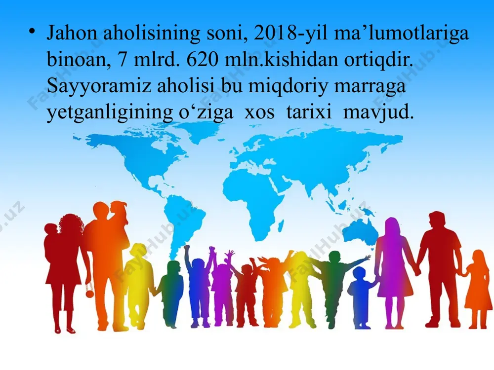 sh» (o‘lim darajasi pasayishi tufayli aholi sonining tez sur’atlar bilan ko‘payishi) jarayoni yuz berdi so‘nggi yillarda aholishunos olimlar «demografik portlash»ga nisbatan deyarli nihoyasiga yetib borayotgan jarayon sifatida baho berayotgan bo‘lsalar-da, afrika va osiyoning bir qator davlatlarida aholining yillik tabiiy ko‘payish darajasi hali ham yuqori darajada kuzatilmoqda. shu bilan birga jahonning rivojlangan davlatlarida tabiiy ko‘payishning manfiy holati – demografik inqiroz yoxud depopulyatsiya(tug‘ilishning o‘limga nisbatan pastligi) yuz bermoqda. bu holatni hozirgi kunda yevropaning turli davlatlarida (masalan, germaniya, ukraina, serbiya va b.) kuzatish mumkin. 14 mintaqalar aholisi sonining davriy o‘zgarishi birinchi navbatda unda yuz berayotgan tug‘ilish va o‘lim ko‘rsatkichlari nisbati asosida shakllanuvchi tabiiy ko‘payish darajasi bilan bog‘liq. 4-jadval ma’lumotlaridan turli qit‘alarda aholi takror barpo bo‘lishining miqdoriy ko‘rsatkichlari turlicha ekanligi ko‘rinib turibdi. afrikada aholi tabiiy o‘sish koeffitsiyenti jahon o‘rtacha ko‘rsatkichidan yuqori, qolgan qit’alarda esa bu ko‘rsatkich pastroq darajaga ega. davlatlarda aholining tabiiy o‘sishi yuqori darajada saqlanishiga ijtimoiy-iqtisodiy va madaniy omillar katta ta’sir ko‘rsatadi. shaharlashuv …