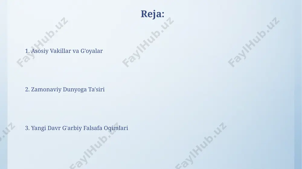 gʻarbiy falsafa: kirish fransiya va germaniya kabi mamlakatlardagi 5 ta universitetda yang gʻarbiy falsafa boʻyicha oʻquv dasturlari mavjud boʻlib, ular talabalarga zamonaviy dunyoning murakkab muammolarini tahlil qilishga yordam beradi. yang gʻarbiy falsafa, 20-asrning ikkinchi yarmidan boshlab, postmodernizm va poststrukturalizm kabi 3 ta asosiy oqimlarni oʻz ichiga olib, amerika va yevropa intellektual muhitlarida paydo boʻldi. siyosiy falsafa: yangi yoʻnalishlar 20-asrning ikkinchi yarmi va 21-asr boshlarida oʻzbekistonda siyosiy falsafa sohasida post-modernizm, post-kolonializm kabi 3 ta asosiy yoʻnalish kuzatildi. markaziy osiyo mintaqasi kontekstida, oʻzbekiston siyosiy falsafasining yangi yoʻnalishlari, xususan, milliy oʻzlikni aniqlash va mintaqaviy xavfsizlik masalalari bilan chambarchas bogʻliq boʻlib, 2-3 ta asosiy tadqiqot markazlarida oʻrganiladi. pragmamatizmning yangi shakllari 1980-yillardan boshlab, postmodernizmning ta'siri ostida, "neo-pragmatizm" deb ataluvchi yangi oqim paydo bo'lib, klassik pragmatizmning ba'zi tamoyillarini qayta ko'rib chiqdi va 5 ta asosiy falsafiy masalani o'rganishga e'tibor qaratdi. pragmatizmning yangi shakllari, 20-asrning ikkinchi yarmidan boshlab, ayniqsa, 3 ta asosiy yo'nalishda rivojlandi: amerika, evropa va …