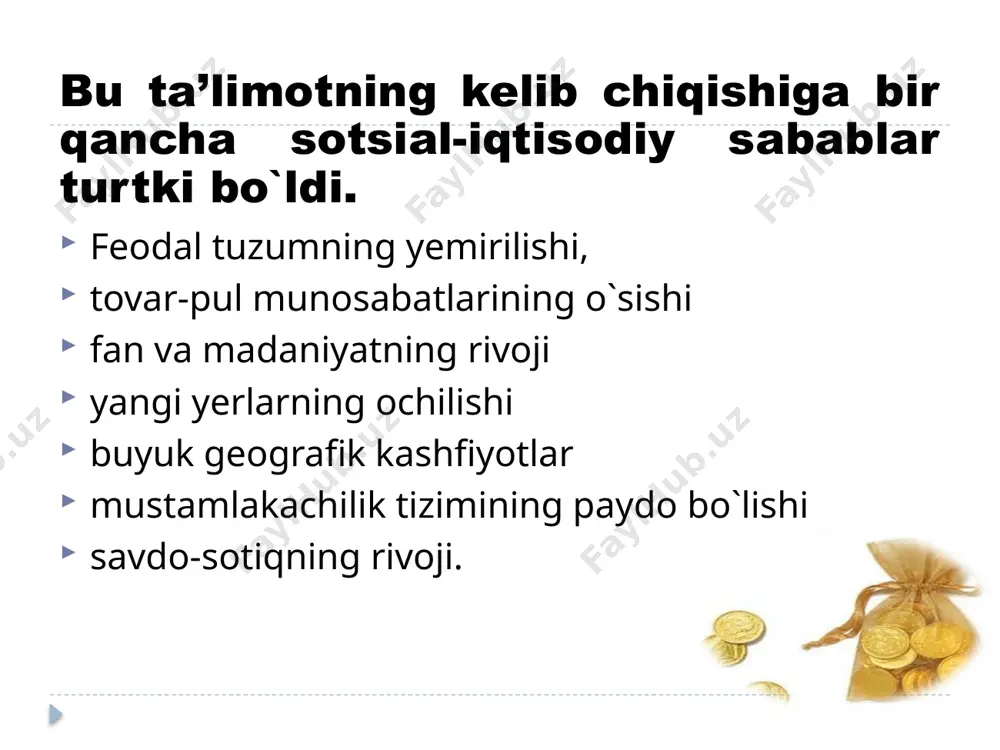 rish mumkin (tashqi savdoda esa mumkin emas), maqsad pulni mamlakatda saqlab qolish merkantilizm bo’yicha boylikning asosi (davlatda qancha pul ko’p bo’lsa, shuncha boy deb hisoblangan) pul miqdorini davlat hokimiyati yordamida oshirish mumkin. меркантилизм уша даврнинг илгор европа давлатларида – италия, франция, англияда пайдо булган. аммо асосий назарий коидаларни инглизлар ишлаб чиккан. bu siyosatning muhim namoyondalari уильям стаффорд (1554 - 1621) инглиз, бошлангич меркантилизм вакили. унинг «ватандошларимизнинг айрим аризаларининг танкидий баёни» асари 1581 йил лондонда чиккан. рицар (ер эгаси), савдогар, хунарманд, фермер ва художуй уртасидаги диалог тарзида уша замон англия муаммолари: дехконларнинг ердан сикиб чикарилиши, «бахолар революцияси», кимматчилик, пулнинг четга окиши ёритилган. у махаллий сиесатни ёнини олиш ва протекционизмни, пулни жамгариш сиёсатини ёклаб чиккан. уильям стаффорд (1554 - 1621) гаспарро скарруфи (1519 - 1584) италиялик банкир, «пул тугрисидаги мулохазалар» (1582 йил ёзилган) асарида ягона европа пул системасини яратиш, пул баркарорлиги муаммоларини ёзган. гаспарро скарруфи (1519 - 1584) пул (чака)ни иктисодий организмнинг …