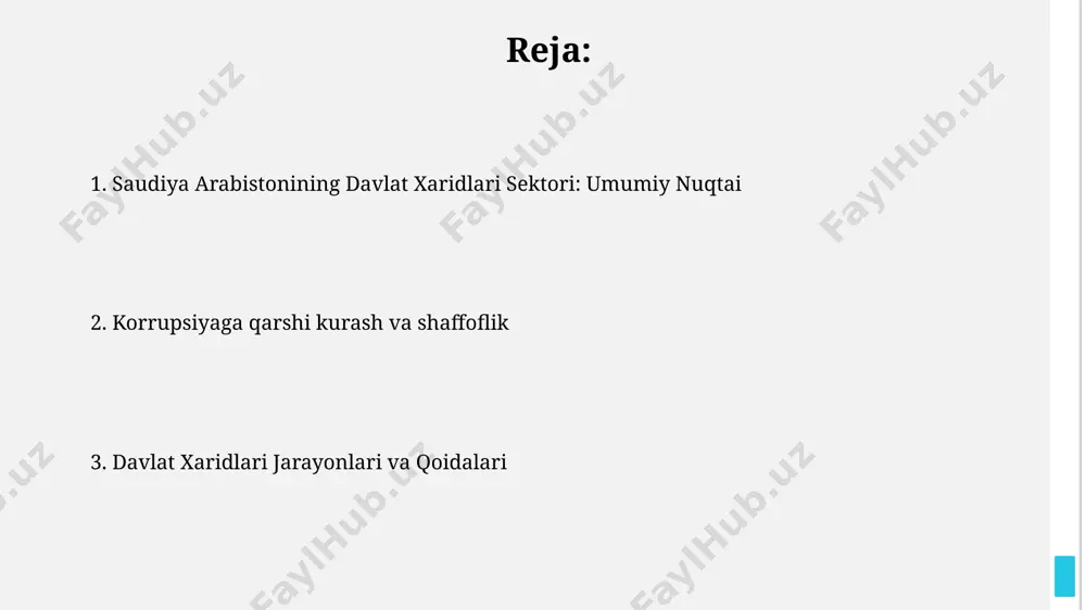 dan ortiq bo'lgan tenderlar majburiy elektron auktsion orqali o'tkaziladi, bu esa raqobatni kuchaytiradi va narxlarni pasaytiradi. elektron xaridlar tizimi elektron xaridlar tizimi 2016-yilda joriy etilgan bo'lib, davlat sektoridagi xaridlarning 80% dan ortig'ini qamrab oladi va yillik hajmi 100 milliard riyaldan oshadi. platforma, taxminan 5000 dan ortiq ro'yxatdan o'tgan yetkazib beruvchilarga ega bo'lib, ularning har biri tenderlarda ishtirok etish uchun malaka sertifikatiga ega. shaffoflik va hisobot berish shaffoflik va hisobot berish tizimi, elektron tenderlar orqali 30% ga yaqin vaqtni tejash va byudjet mablag'larini samarali boshqarishga olib keldi. platformaning ma'lumotlar bazasida 200 000 dan ortiq davlat xaridlari bo'yicha shartnomalar va tenderlar haqida ma'lumotlar mavjud, bu esa shaffoflikni oshirishga yordam beradi. kelajak rejalari va islohotlar dastur doirasida elektron davlat xaridlari tizimini joriy etish orqali, shaffoflikni oshirish va tender jarayonlariga 1000 dan ortiq korxona jalb etilishi kutilmoqda. "kelajak rejalari va islohotlar" dasturi bo'yicha 2025 yilga qadar davlat xaridlarida mahalliy mahsulotlar ulushini 40% ga oshirish …