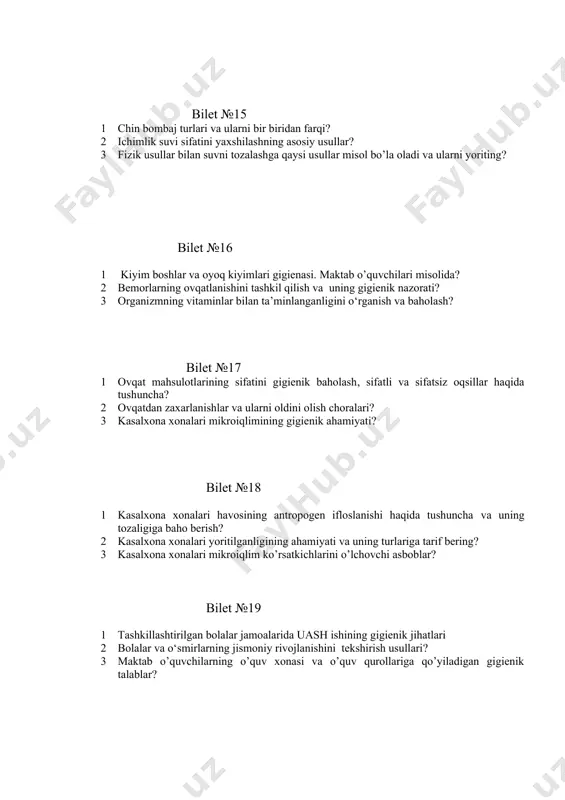 iqlim ko’rsatkichlarini o’lchovchi asboblar? bilet №19 1 tashkillashtirilgan bolalar jamoalarida uash ishining gigienik jihatlari 2 bolalar va o‘smirlarning jismoniy rivojlanishini tekshirish usullari? 3 maktab o’quvchilarning o’quv xonasi va o’quv qurollariga qo’yiladigan gigienik talablar? bilet №20 1 ishlab chiqarishda kasb kasalligini oldini olish tadbirlari? 2 korxonalarda shovqin va tebranishli vaziyatlarni tekshirish va baholash 3 shovqin va tebranish tufayli kelib chiqadigan kasalliklar va ularning bosqichlari?