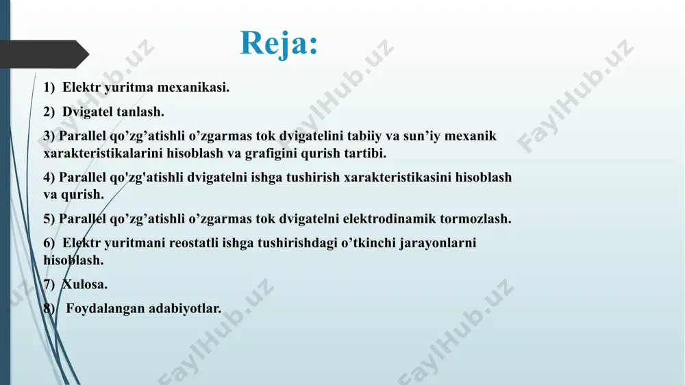 piladi: rя = 0,5 (1 - ηh) (uh/ih) [ om ] = 0,5 (1-0,87)*220/286 = 0,05 om dvigatel qarshiligini hisoblanadi: = + = 0,05+ 0,0792 = 0,0396 om dvigtel tezligini n=200 ayl/min gacha kamaytirish uchun lozim bo’lgan tashqi qarshilik qiymatini aniqlaymiz: rp =6* rя = 0.3om dvigatel tezlik xarakteristikasini quramiz : ωp = ω [ (u - iя (rdv+rp) / uh - iя rdv] = 112*[220-(286*0,35) / 220-67*0,237] = 61 rad/sek parallel qo’zg’atishli o’tdni tabiiy va sun’iy mexanik xarakteristikalari parallel qo'zg'atishli dvigatelni ishga tushirish xarakteristikasini hisoblash va qurish. dvigatelni ishga tushirish xarakteristikasini uning tabiiy xarakteristikasi asosida quramiz. dvigatelni tabiiy xarakteristikasida imax va imin toklarga tegishli ikkita nuqtani belgilang, bunda imax =2ih = 2*286 = 572 a ic =ih = 286a = const imin =1.2 ic = 1.2*286 = 343,2 a deb olamiz. imax va imin toklarga mos qarshilikni hisoblang. r1=u/imax; = 220/572 = 0,384 om r2=u/ imin = 220/343,2= 0,641om …