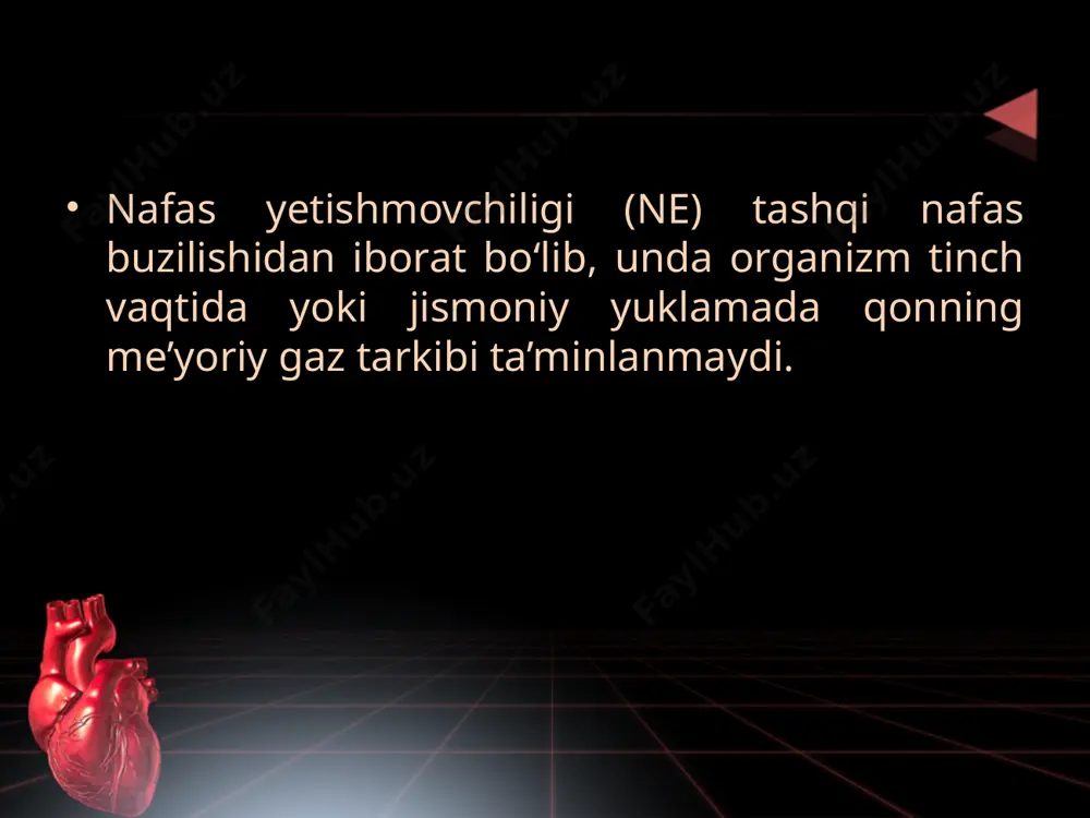 boshqa kasalliklarda kuzatiladi. ko‘rsatilgan hamma holatlarda o‘pkada qon oqimi kamayadi. me’yorda 1 daqiqada oqib keladigan 1 litr qon hajmiga 0,8 i havo to‘g‘ri keladi. effektivlik koeffitsiyenti (ek), ya’ni ventilatsion - perfuzion ko‘rsatkich 0,8 ga teng. ek = _______ 41/daq. x (dav)________= 0,8 5 1/daq.(o'pka orqalidaq.qon oqimi) ko‘rsatilgan qiymatda qonning me’yoriy gaz tarkibi ta’minlanadi. ventilatsiyaning qon oqim iga mos kelmasligi gaz almashinuvining buzilishiga olib keladi. bu ko‘rsatkichning kamayishi gipoksemiya va giperkapniyadan dalolat beradi, ko‘payishi esa qonning 02 to‘yinishining ortishi va co2 miqdorining kamayishini bildiradi. perfuziya buzilishining sabablari qon aylanishi yetishmovchiligi (yurak poroklari, qorinchalar qisqaruvchanlik xususiyatining kamayishi, kollaps, shok va b.), o‘pka kasalliklari (emfizema, o‘pka fibrozi va h.k.) bo‘lishi mumkin hansirash(nafas qisishi) hansirash (lotincha «dyspnoe») - havo yetishmovchiligining subyektiv sezgisi va u bilan bog`liq nafasni kuchaytirishga bo`lgan talab. nafas qisilishi - havo etishmasligi hissi bilan nafas olish ritmi va chuqurligining o'zgarishi. nafas qisilishining rivojlanishi nafas olish markazi tomonidan tartibsizlikka asoslangan. bunday holda, …