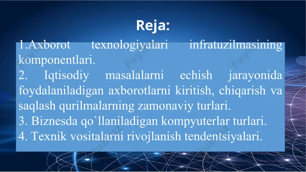 talari - texnik, dasturiy ta'minot, axborot va boshqa vositalar, ularning yordamida axborot texnologiyalari iqtisodiy ob'ektda amalga oshiriladi axborot texnologiyalarini maqsadi - axborot olish ma`lumotlarni qayta ishlash texnologik jarayonlarining operatsiyalari axborot texnologiyalarining vositalari – hisoblash majmualari texnologik jarayonni boshqarish- tashkilot boshqaruvi axborot texnologiyalarini predmeti - ma`lumot texnologik jarayonni optimallik mezoni – foydalanuvchilarga axborotlarni o`z vaqtida etkazish, uning ishonchliligi, to`g`ri va to`liqligi axborot texnologiyalarining asosiy xususiyatlari axborot texnologiya-lari xususiyatlari maqsadlilik komponent-lar va strukturaning mavjudligi butunlik o'z vaqtida rivojlanish tashqi muhit bilan o'zaro bog'liqlik komponentlar va strukturaning mavjudligi funktsional komponentlar - bu jarayonlar aylanishidagi o`ziga xos tarkib va ma'lumotlarni qayta ishlash jarayonlarining o'ziga xos mazmuni (at axborot bazasi) axborot texnologiyalari tarkibi - bu o'zaro bog'liq bo'lgan at tarkibiy qismlarini aks ettiruvchi ichki majmua maqsadlilik zamonaviy kompyuter texnologiyalari, ma'lumotlar bazalari, turli xil kompyuter tarmoqlarini joriy etish orqali ishlab chiqarish samaradorligini oshirishdan iborat bo'lib, bu ma'lumotlarning samarali aylanishi va qayta ishlashiga imkon beradi. tashqi muhit …