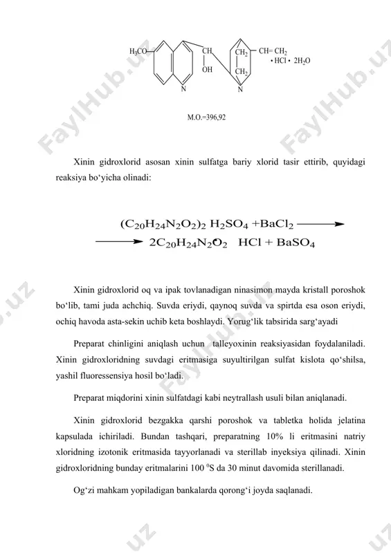 l qilish reaksiyasi yordamida aniqlanadi. eyxinin poroshok va tabletka holida bezgakka qarshi dori sifatida ichiriladi. eyxinin achchiq bo‘lmaganligi uchun bolalarni davolashda xininning boshqa preparatlariga qaraganda ko‘proq ishlatiladi. og‘zi mahkam yopiladigan bankalarda qorong‘i joyda saqlanadi. foydalanilgan adabiyotlar. 1. турақулов ё.х. « биохимия» «ўқитувчи» тошкент 1996 й 2. цветков л.а. сведения о гетероциклических соединениях и нукленовых кислатах в кеурсе химии. химия в школе-1986 №6 3. г.в. лозуревский, и.в.терентъева, а.а. шамшурин. практические работы по химик природных соединений издатеиъство « выстая школа» москва 1986г. 4. авчинников ю.а. биоорганическая химия. москва 1987г 5. итоги исследование алкалоидо носных растений. т из-во « фан» ан.р.узбекистан 1995 . _1374502916.bin _1374502920.bin _1374502922.bin _1374502924.bin _1374502926.bin _1374502923.bin _1374502921.bin _1374502918.bin _1374502919.bin _1374502917.bin _1374502914.bin _1374502915.bin _1374502913.bin