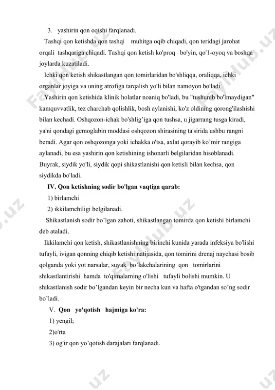 llik kuzatiladi, qon bosimi 100/70, 100/60 mm sim. ust. teng bo'ladi. o'rta darajali qon yo'qotish, aylanib turgan qonning 15-20 foizi ni yo’qotadi. bemor rangi oqarib badanida sovuq ter paydo b’ladi, kamquvvatlik bosh aylanishi, hushdan ketishi kuzatiladi, puls tezlashib 100-110 ga yetadi, qon bosimi kamayib 90-100 mm.sim.ust.ga tushadi. o’rta darajali qon yo’qotishda yo'qotilgan qon hayot uchun muhim bo'lmagan to'qimalardan (teri, teri osti yog’ kletchatkasi, muskul, taloq hisobidan) hayot uchun asosiy bo'lgan a'zolariga (miya, yurak, o’pka) ga oqib boradi. og'ir darajali qon yo’qotish qon tomirlarida aylanib yurgan qonning 20-30% gacha kamayshidan kelib chiqadi va bemor behush holatda bo'ladi, puls bo'lmaydi, qon bosimi tushib ketadi. katta arteriya va venalaming kesilishi og'ir qon ketishi bilan kechib organizmning o'z-o'zini tiklash mexanizmi zaiflashadi. jismonan charchagan, toliqqan, hayajonli, sovuqda qolib ketgan bemor qon yo'qotishni og'ir o'tkazadi. inson qon tomirlaridagi qonning miqdori fiziologik holatda tananing 1x13 bo'lagini tashkil etadi; bu 5-6 litrga to'g'ri keladi. qon tomirlarda qon bir …