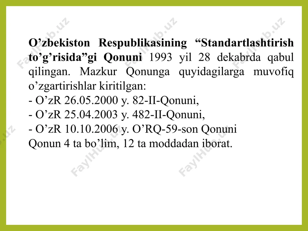 tarmoqlarida - o’zbekiston standartlashtirish, metrologiya va sertifikatlashtirish agentligi ("o’zstandart" agentligi); qurilish, qurilish industriyasi sohasida, shu jumladan loyihalash va konstruktsiyalashda - o’zbekiston respublikasi davlat arxitektura va qurilish qo’mitasi ("davarxitektqurilish" qo’mitasi); tabiiy resurslardan foydalanishni tartibga solish hamda atrof-muhitni ifloslanishdan va boshqa zararli tahsirlardan muhofaza qilish sohasida - o’zbekiston respublikasi davlat tabiatni muhofaza qilish qo’mitasi (davlat tabiatni muhofaza qilish qo’mitasi); tibbiy maqsadlardagi mahsulotlar, tibbiy texnika ashyolari, dori-darmonlar sohasida hamda respublika sanoati ishlab chiqarayotgan, shuningdek import bo’yicha respublikaga etkazib berilayotgan mahsulotlarda inson uchun zararli moddalar miqdorini aniqlash masalalarida - o’zbekiston respublikasi sog’liqni saqlash vazirligi amalga oshiradi. standartlarni tasdiqlagan organlar standartlarga doir tarmoq axborot jamg’armalarini hosil qiladilar va yuritadilar hamda manfaatdor iste’molchilarni xalqaro (davlatlararo, mintaqaviy) standartlar, o’zbekiston respublikasi standartlari, xorijiy mamlakatlarning milliy standartlariga doir axborotlar bilan, shuningdek standartlashtirish sohasidagi xalqaro shartnomalar, texnik-iqtisodiy hamda ijtimoiy axborot davlat klassifikatorlari, standartlashtirish qoidalari, normalari va tavsiyalariga oid axborotlar bilan tahminlaydilar. standartlarni nashr qilish va qayta nashr etishni ularni tasdiqlagan …