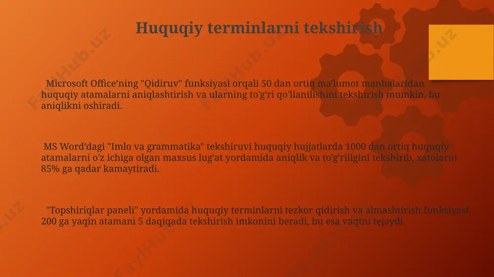 ni aniq va qisqa (masalan, 15 ta belgidan oshmasligi tavsiya etiladi) yozish huquqiy izlanishlarni osonlashtiradi. huquqiy hujjatlarni saqlashda avtomatik zaxira nusxasi yaratish funksiyasini faollashtirish orqali 3 tagacha nusxani turli papkalarda saqlash mumkin. microsoft word’da huquqiy hujjatlarni ochishda fayl formatini (docx, pdf, txt) tanlash imkoniyati mavjud bo‘lib, 200 dan ortiq sahifali hujjatlarni ham tezkor yuklashni ta’minlaydi. imzo qo'yish va tasdiqlash microsoft word va excel kabi dasturlarda 1000 dan ortiq hujjatga ommaviy ravishda raqamli imzo qo'yish imkoniyati mavjud bo'lib, bu vaqtni sezilarli darajada tejaydi. raqamli imzo qo'yilgan hujjatlarning yuridik kuchiga ega bo'lishi uchun, ishonchli sertifikatlashtiruvchi markaz (certification authority - ca) tomonidan berilgan raqamli sertifikatlar talab qilinadi. microsoft office dasturlarida 256 bitlik aes shifrlash algoritmidan foydalanib hujjatlarga raqamli imzo qo'yish va ularning asl nusxaligini tasdiqlash mumkin. qidiruv va almashtirish funksiyalari "qidiruv va almashtirish" funksiyasi yordamida hujjatdagi 1000 dan ortiq so'z yoki iborani bir vaqtning o'zida o'zgartirish mumkin, bu vaqtni sezilarli darajada tejaydi. regulyar …