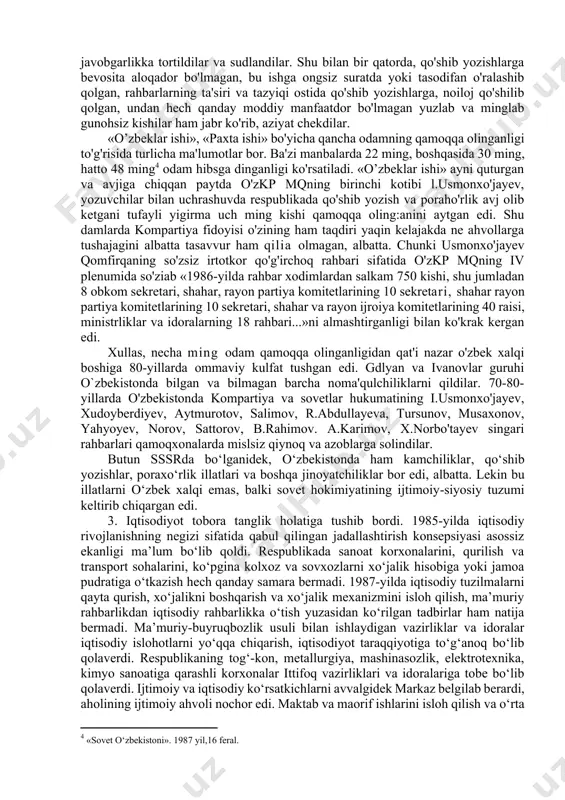 iz»[footnoteref:1]. [1: «o‘zbekiston adabiyoti va san’ati», 1996 yil, 19 aprel.] ha, juda adolatli va to'g'ri aytilgan gaplar. aslida «o'zbek ishi» degani nima o'zi va qachon paydo bo'ldi. bu «ish» aslida 80-yillarda o'zbekiston davlat xavfsizlik qo'mitasi (dxq)ning raisi bo'lib ishlagan melkumov (millati arman) bilan o'zbekiston kp mqning birinchi kotibi sh.rashidov o'rtasidagi o'zaro kelishmovchiliklardan boshlangan. o'sha kezlarda buxoro viloyati bxss boshlig'i muzaffarov va buxoro shahar savdo idorasining direktori qudratovlarning poraxo'rligiga taalluqli ma`lumotlar dxqda bo`lgan. bu shaxslar buxoro viloyati firqa qo'mitasining birinchi kotibi a.karimov himoyasida bo`lgan va unga «oshirib» turishgan. a.karimov esa o'z navbanda sh.rashidov bilan yaqin aloqada bo`lgan. shu bois melkumov va uning gumashtalari o'z oldilariga muzaffarov va qudratovni fosh qilish orqali a.karimovga chiqish va so'ngra u orqali sh.rashidovni «nishonga» olishni mo'ljallab harakat qilganlar. 1983-yilda buxoroda ilgaridan o'ylab rejalashtirilgan va amalga oshirilgan «operatsiya» tufayli muzaffarov va qudratovlar qamoqqa olindilar. ular xalqqa ma`lum bo`lgan birinchi o'zbek millionerlari bo'lib chiqdi. bu ish darhol moskvaga …