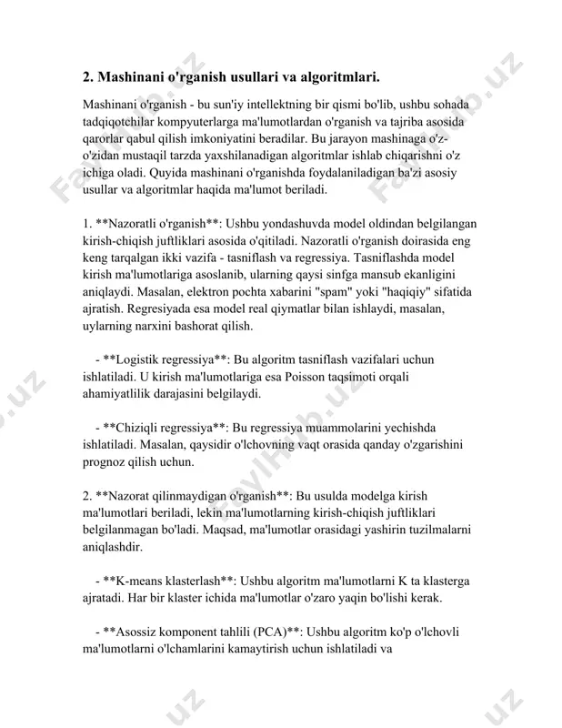 ma'lumotlar bilan ishlashda qo'llaniladi, ular xotirala ega bo'lib, avvalgi qadam ma'lumoti asosida qaror qabul qilishni amalga oshiradi. yuqoridagi mashinani o'rganish usullari va algoritmlar texnologiya rivojlanishini jadallashtirishda markaziy ahamiyatga ega. ular turli sohalarda, jumladan, tibbiyot, moliya, marketing va ko'plab boshqa sohalarda muvaffaqiyatli ravishda qo'llanilib kelinmoqda. shu orqali korxonalar o'z ish jarayonlarini optimallashtirish, foydalanuvchilarga xizmatni shaxsiylashtirish va yangi imkoniyatlarni kashf etish imkoniyatiga ega bo'lmoqda. 3. ma'lumotlarni tahlil qilish usullari. albatta, quyida "ma'lumotlarni tahlil qilish usullari" mavzusi bo'yicha batafsil ma'lumotlarni taqdim etaman. ### ma'lumotlarni tahlil qilish usullari ma'lumotlarni tahlil qilish statistika, ma'lumotlar konikmasi va algoritmlar yordamida ma'lumotlardan foydali axborotni chiqish jarayonidir. quyida ma'lumotlarni tahlil qilishning ba'zi asosiy usullari bilan tanishamiz. 1. **deskriptiv statistik usullar** deskriptiv statistika ma'lumotni yig'ish, tavsiflash va tartiblash orqali o'ziga xos tasvirni beradi. uni qo'llash orqali umumiy tasavvurlar hosil qilinadi. misollar: - o'rtacha qiymat (mean) - median - mod - variatsiya (variance) - standart og'ish (standard deviation) - tarqatish diagrammalari …
