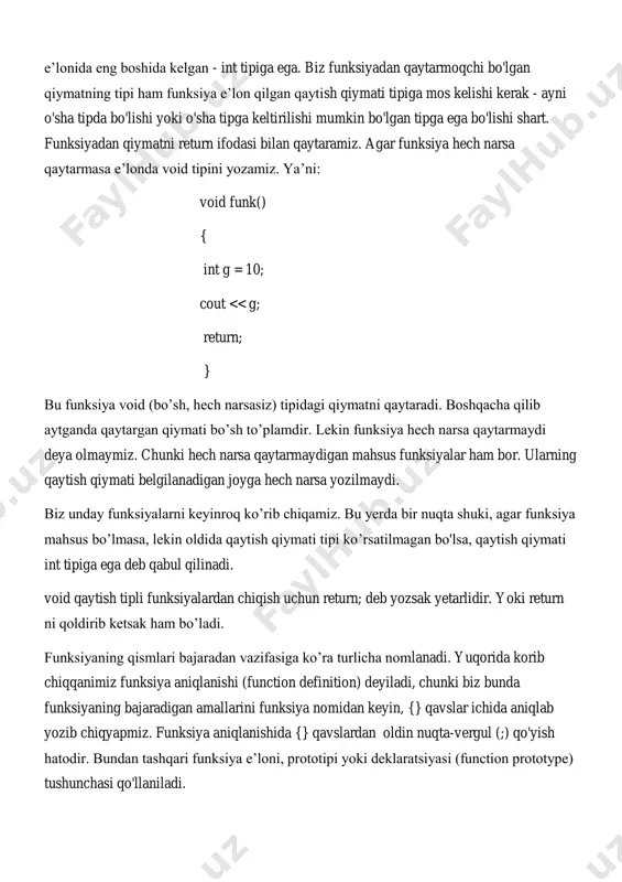 ; cout « “100 + 201 + 700 = “ « add_values(100, 201, 700) « endl;} dastur natijasi quyidagicha aks etadi: ko‘rinib turibdiki, dasturda ikkita bir xil nomdagi, ammo parametrlari soni har xil bo‘lgan add_values funksiyasi aniqlangan. bu holda kompilyator parametrlar soniga ko‘ra qaysi funksiyani qo‘llash haqida mustaqil ravishda xulosa qiladi. agar funksiya o‘zidan yordamchi funksiya sifatida foydalanadigan bo‘lsa, bunday funksiyalar rekursiv deyiladi. rekursiv funksiyalar ikki turga bo‘linadi: a) to‘g‘ri rekursiya. bunda dastur o‘ziga-o‘zi murojaat qiladi. b) yondosh rekursiya. bunda a funksiya b ga, b funksiya a ga murojaat qiladi. rekursiv funksiya yozish uchun avvalo : 1) rekkurent munosabat; 2) shu munosabat uchun boshlang‘ich holatlar aniqlangan bo‘lishi shart. rekkurent munosabat deganda qaralayotgan jarayonga doir muayyan bosqichlami avvalgi bosqichlar bilan bog‘lovchi munosabatlar tushuniladi. masalan, n! =n*(n—1) formulani n! uchun rekurent munosabat deb qarash mumkin. boshlang‘ich holat sifatida esa 1!=1 olinadi. keltirilgan ma’lumotlami hisobga olsak, faktorialni hisoblash masalasi uchun rekkurent va boshlang‘ich …