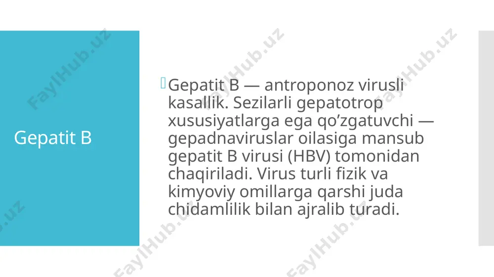 a shaxsiy gigiena qoidalariga amal qilishi kerak. ko’p yillar butun dunyo bo’ylab olib borilgan tadqiqotlar natijasi ma’lumotlariga ko’ra, ushbu kasallikning kechishi bemorning qay tarzda infektsiyalanganligi, shuningdek, uning yoshiga bog’liq. gepatit b ning yuqish yoʻllari gepatit b virusi inson organizmiga faqat bemorning biologik materiallari bilan aloqa qilish orqali kirishi mumkin: jinsiy yoʻl orqali soʻlak orqali qon orqali tugʻruq jarayonida vaksina kasallanishni oldini olish uchun o’z vaqtida vaktsina olish tavsiya etiladi. maxsus ishlab chiqilgan emlash ma’lum bir harorat sharoitida saqlanishi kerak. b guruhi gepatitiga qarshi vaktsina faqat mushak ichiga kiritiladi. emlash paytida inyektsiya teri ostiga yuborilgan bo’lsa, u hisobga olinmaydi va vaktsinatsiya qaytadan o’tkazilishi kerak. vgv vaksina bola tugʻulganda 24soat ichida ,2,3,4 oylikda qilinadi vaksina vaktsina ba’zi bir qarshi ko’rsatmalarga ega. quyidagi toifa shaxslarni emlash tavsiya etilmaydi: oziq-ovqatga allergiyasi bo’lgan odamlar (pivo, kvas va tarkibida xamirturush bo’lgan boshqa oziq-ovqat mahsulotlariga); homilador ayollar; emizikli onalar; muddatidan oldin tug’ilgan chaqaloqlar. profilaktika infektsiyalangan bemor bilan …