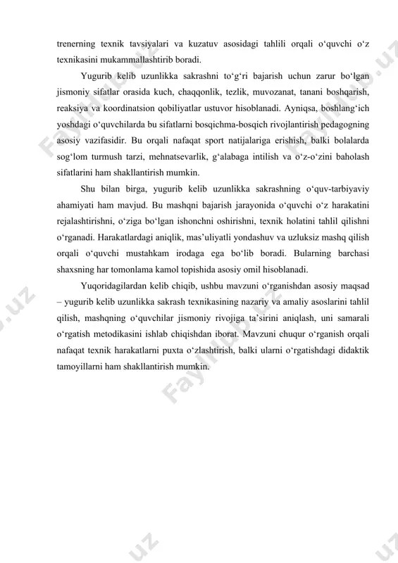 ya imkoniyatlari esa turli harakatlarni paydo bo'lishiga olib keladi. shu sababli sakrashning mohiyatiga ko'ra qat'iy va to'liq tasniflab bo'lmaydi. lekin, uslubiy va amaliy maqsad uchun sakrash to'g'risida ma'lum darajada tasawurga ega bo'lish mumkin bo'lgan qisqa va qoniqarli tasnifl paydo bo'ldi. 3 - jadvalda berilgan sxemada sakrashlarning eng harakterli turlari ko'rsatilgan. siltanib baland sakrash yuqoridagi guruh elementlaridan farq qilib, unda faqatgina qo'lni emas, (lekin, shart emas) balki bo'sh oyoqni ham siltashdan foydalaniladi. shunday qilib bunday sakrashlami aniqlovchi boshqa belgilar - bir oyoqda depsinishdir. mazkur guruhga tegishli bo'lgan sakrashda, uchishdagi eng oddiy harakat, holatni saqlab qolish yoki «namoyish qilish» bilan bog'liq bo'lgan harakatdir. qadamlab sakrash, keng sakrash va ularga o'xshash sakrashlar xarakterli birikmani aniqlovchi belgilarni o'z ichiga oladi. bu sakrashni yurib, bir oyoqda depsinib, depsingan tomonga aniq harakatlanish va bir oyoqqa qo'nish bilan bajariladi. bunday sakrashlar uchun uchish holatini saqlab qolish o'ziga hosdir. qolgan belgilar uncha aniq ko'rinmasligi mumkin. murakkab burilishlar bilan …