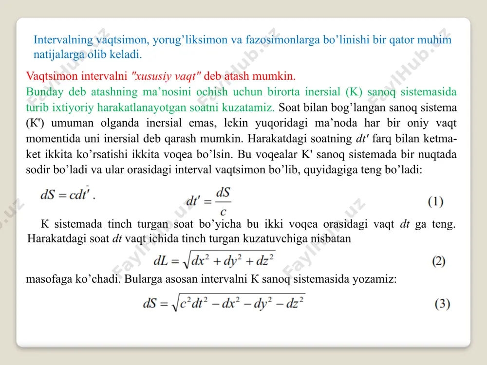 t” deyiladi. endi xususiy vaqt masalasini har ikkala sanoq sistema inersial bo’lgan holda ko’rib chiqamiz. к inersial sanoq sistemadagi soatga nisbatan boshqa soat to’g’ri chiziqli tekis harakat qilayotgan bo’lsin. bu holda (4) ga asosan к sistemadagi kuzatuvchi uchun k' sistemadagi soat orqada qoladi. harakat nisbiy bo’lganligi sababli k' sistemadagi kuzatuvchi uchun к dagi soat harakatda bo’ladi va u orqada qoladi. yuzaki qarashda ichki qarama-qarshilik bordek ko’rinadi. qarama - qarshilikning paydo bo’lishiga к va k' sanoq sistemalarining bir-biridan farqlash mumkin emasligidadir. shunday qilib, soatlarning yurishini solishtirish uchun birinchi sanoq sistemada bir nechta, boshqasida esa bitta soat kerak bo’lar ekan. shuning uchun bu jarayon ikkala sanoq sistema uchun simmetrik emas. xulosa: doimo turli soatlar bilan taqqoslanayotgan soat orqada qoladi. “vaqt” yoki “egizaklar” paradoksi 2. lorens almashtirishlari 1. fazo va vaqtning xossalari saqlanishi uchun almashtirish formulalari chiziqli bo’lishi kerak. 2. almashtirish koeffitsiyentlari qanday voqea ko’rilayotganligiga bog’liq bo’lmasligi kerak. 3. almashtirish koeffitsiyentlari r-sistemaga nisbatan …