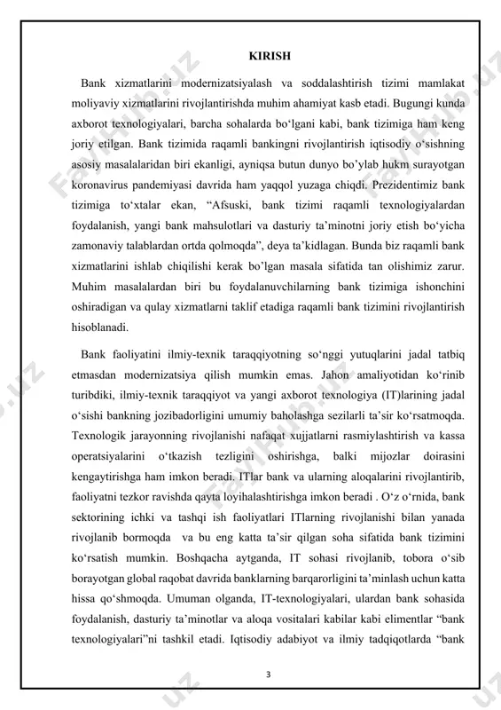 ari; 3. kompyuter bilimlari; 4. moliya va risk menejmenti; 5. marketing bilimlari. r.vadlamani tadqiqotlarida funksional nuqtai nazardan, bank texnologiyasi quyidagi uchta muhim o‘lchovga ega ekanligini ilgari surgan: 1. turli xil etkazib berish kanallari va to‘lov tizimlari orqali faoliyat yuritish va mijozlarga xizmat ko‘rsatish uchun tegishli texnik vositalardan foydalanish hamda shu bilan bog‘liq dasturiy ta’minot bank texnologiyalarining biro‘lchovidir. 2. mijozlarni sinflash (turkumlash) va bank xizmatlari bozorini tahlil qilish hamda muammolarni hal qilish uchun zamonaviy kompyuter dasturlaridan foydalaniladi. ushbu o‘lchov banklar uchun ma’lumotlar omborini boshqarish va undansamarali foydalanish imkonini beradi. 3. barcha turdagi xatarlarni miqdorini aniqlash, o‘lchash, yumshatish va boshqarish bank texnologiyalarining uchinchi muhim o‘lchovini tashkil etadi. ushbu o‘lchov kredit xatarini, bozor havfini va operatsion havfni o‘lchash va boshqarish jarayonini qamrab oladi. so‘ngi vaqtlarda kompyuterlar shu darajada takomillashib bormoqdaki, bu banklarga faqat orzu qilishlari mumkin bo‘lgan salohiyatlarni hamda bank mijozlariga katta imkoniyatlarni bermoqda. banklarga yangi texnologiyalar olib kelgan o‘zgarishlar banklarning rahbarlari, xodimlari …