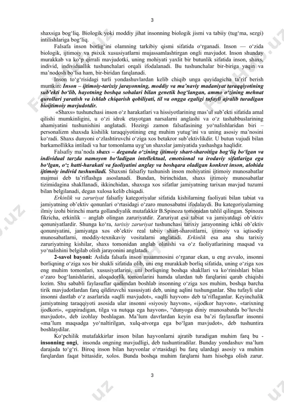 i – 65-85 yosh (xx asrda), ichki organlari, nutqi va aqli rivojlangan mavjudotdir. ammo bu belgilar, uning tabiiy va ijtimoiy tirikchiligi bilan bog‘liq tashqi ko‘rinishi bo‘lib, lekin uning mohiyatini tushunish imkoniyatini bermaydi. [1: инсон [арабча - одам ]1. одамзод,башар.2.ҳар бир якка шахс;одам. ] falsafa tarixida inson to‘g‘risida juda ko‘p qarashlar mavjud bo‘lib, ulardan ba’zi bir eng ma’lum va xarakterlilarini umumlashtirilgan holda keltiramiz. · odam – koinotning qismi, kichik koinot (mikrokosm) – qadimgi hind, xitoy, yunon falsafasi. · odam – bu abadiy, mutloq ruh (atman) – qadimgi hind falsafasi (yoga, vedanta). · odam – barcha narsaning o‘lchovi – qadimgi yunon sofistlari (protagor va boshq). · odam – siyosiy hayvon – aristotel. · odam – qiyofa va xudoga o‘xshash – o‘rta asr nasroniylik teologiyasi. · odam – fikrlovchi mavjudot – r.dekart. · odam – jonlantirilgan mashina – j.lametri. · odam - ikki dunyoga tegishli mavjudot. tabiiy zaruriyat dunyosiga va axloqiy erkinlik dunyosiga …