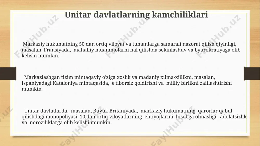 mlanadi. hududiy birliklar soni: unitar davlatlarda, masalan, oʻzbekistonda, hududiy birliklar soni nisbatan kam, 12 ta viloyat va toshkent shahri, federal davlatlarda esa, masalan, germaniyada, 16 ta federal yer mavjud boʻlib, bu ularning siyosiy tuzilmasining murakkabligini koʻrsatadi. konstitutsiya tuzilmasi: unitar davlat konstitutsiyalari odatda qisqaroq va sodda boʻlib, 100 dan kam moddadan iborat, federal davlatlarning konstitutsiyalari esa ancha murakkab va uzunroq, masalan, hindiston konstitutsiyasi 448 moddadan iborat. unitar va federal davlatlarga misollar aqsh, 50 ta shtatdan iborat federal davlat hisoblanadi, har bir shtat oʻz konstitutsiyasi va qonun chiqaruvchi organiga ega, ammo federal hukumat muhim masalalarni boshqaradi. germaniya, 16 ta yerga boʻlinib, federal tuzumga ega, yerlar oʻz hududiy qonunchilikka ega, ammo baʼzi muhim sohalar federal hukumat tomonidan nazorat qilinadi. fransiya, 13 ta mintaqaga boʻlingan unitardavlat boʻlib, ularning har biri oʻziga xos qonunchilik vakolatlariga ega, ammo umumiy siyosiy hokimiyat parijda markazlashgan. sud hokimiyati: unitar davlatlarda viloyatlar va tumanlardagi sudlar markaziy hukumat tomonidan tayinlanadi va …