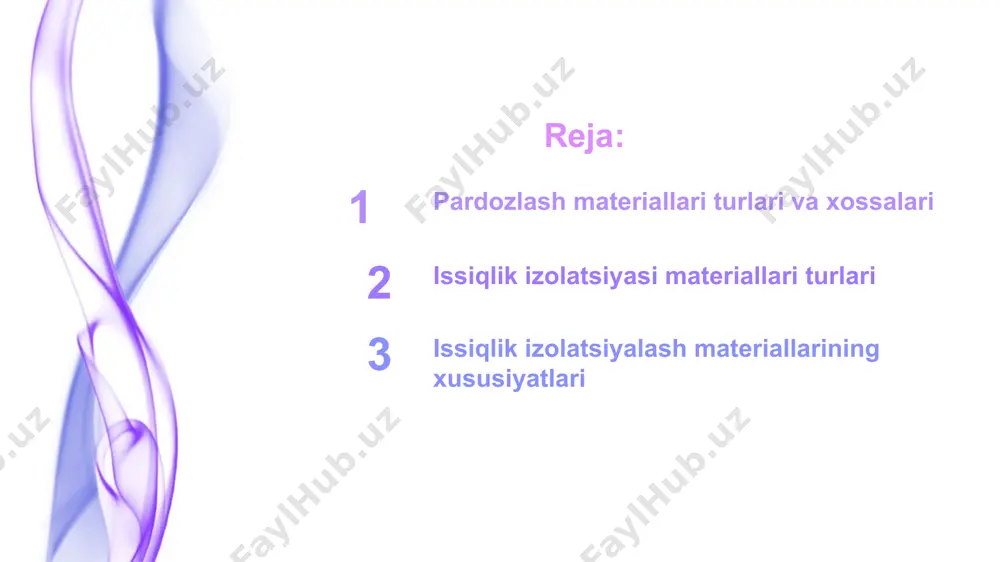 hga imkon beradi. moslashuvchanlik issiqlik izolyatsiyasi materiallari — bu issiqlikni uzatishni sezilarli darajada kamaytiruvchi, binolarning ichki haroratini barqaror saqlashga yordam beruvchi maxsus qurilish materiallaridir. ular issiqlik energiyasining tashqi muhitga chiqib ketishini yoki tashqaridan bino ichkarisiga kirishini oldini oladi. bu materiallar tufayli bino ichidagi mikroiqlim yil davomida bir maromda ushlab turiladi. yozning jazirama kunlarida ular binoni haddan tashqari qizib ketishdan saqlaydi, qishda esa issiqlikning tashqariga chiqishiga to‘sqinlik qilib, issiqni ichkarida saqlab qoladi. bu esa isitish yoki sovitish tizimlariga bo‘lgan ehtiyojni kamaytiradi, natijada elektr energiyasi va yoqilg‘i sarfi sezilarli darajada qisqaradi. shu bilan birga, energiya sarfining kamayishi ekologik foyda ham keltirib chiqaradi, chunki bu atmosferaga chiqariladigan issiqxona gazlari miqdorini pasaytiradi issiqlik izolatsiyasi materiallari turlari issiqlik izolatsiyasi materiallari turlari perlit penopoliuretan ekovata boshqalar mineral paxta penofol qorishma panellar penopolistorol text here issiqlik izolatsiyalash materiallarining xususiyatlari zichlik namlikka chidamlilik issiqlik o‘tkazuvchanlik ekologik xavfsizlik uzoq xizmat muddati tovush izolatsiyasi add text add text add text …