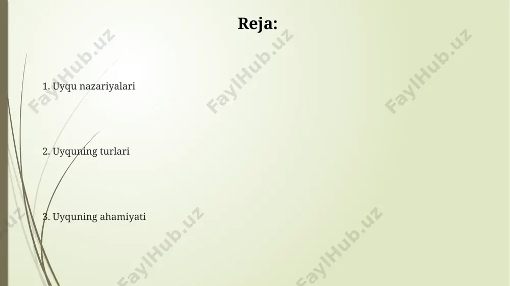 ish va turish vaqtlarini kun davomida deyarli bir xil saqlash, bu ichki biologik soat (sirkadian ritm) ni tartibga soladi. uyqusizlik sabablari insonning taxminan 15% da uyqusizlik genetik moyillik yoki uyqu buzilishlari bilan bog'liq. uyqusizlikning 30% dan ortiq hollari surunkali kasalliklar, masalan, yurak-qon tomir kasalliklari yoki nafas olish muammolari bilan bog'liq. uyqusizlikka olib keladigan omillar orasida stress, tashvish, depressiya kabi ruhiy holatlarning 60% dan ko'prog'ini tashkil etadi. uyqu bosqichlari uyquning 1-bosqichi yengil uyqu bo'lib, taxminan 5-10 minut davom etadi va bu bosqichda mushaklarning tonusi pasayadi, miya faoliyati sekinlashadi, alfa to'lqinlari teta to'lqinlariga o'zgaradi. uyquning 3 va 4-bosqichlari chuqur uyqu bosqichlari hisoblanadi va bu bosqichlar taxminan 30-40 minut davom etib, delta to'lqinlari ustunlik qiladi, tana dam oladi va tiklanadi, uyg'onish qiyinlashadi. rem (rapid eye movement) uyqusi 5-6 ta sikl davomida takrorlanib, taxminan 90 minutdan keyin boshlanadi va bu bosqichda tez ko'z harakatlari kuzatiladi, tush ko'rish kuchayadi, nafas olish va yurak urishi tezlashadi. …