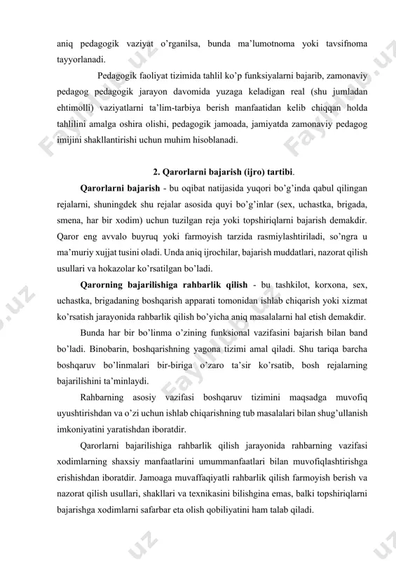 atlarini umummanfaatlari bilan muvofiqlashtirishga erishishdan iboratdir. jamoaga muvaffaqiyatli rahbarlik qilish farmoyish berish va nazorat qilish usullari, shakllari va texnikasini bilishgina emas, balki topshiriqlarni bajarishga xodimlarni safarbar eta olish qobiliyatini ham talab qiladi. erishilgan yutuqlarni rahbar faqat o’zining xizmatlari etib ko’rsatmasligi lozim. qaror ijro etilmay qolganda aybdorni jazolashdan oldin buning sabablarini diqqat bilan o’rganish zarur. ko’pchilik rahbarlar yaxshi qaror qabul qilishni bilmasliklari tufayli emas, balki ularni amalga oshirishni tashkil qila bilmasliklari sababli o’z lavozimlariga mos kelmay qoladilar. ba’zida bir masala yuzasidan ikki-uch martalab qaror qabul qiladilar. qarorlarning bajarilmay qolish sabablari ham mana shundadir. qarorlarni bajarilishiga rahbarlik qilish muayyan me’yoriy xujjatga tayanadi. korxona, tashkilot to’g’risidagi qonun yoki nizom ana shunday me’yoriy xujjatlardan hisoblanadi. bu xujjatda mazkur korxona (bo’linma)ning asosiy vazifalari, huquq va majburiyatlaridan tashqari uning shtat jadvali va ma’muriy rahbar (boshliq, mudir) ko’rsatilgan bo’ladi. nizomda ko’pincha ushbu bo’linmaning boshqa xizmatlar bilan funksional aloqalari tartibga solinadi. nizomga binoan odatdagi sharoitlarda rahbar faqat bevosita …