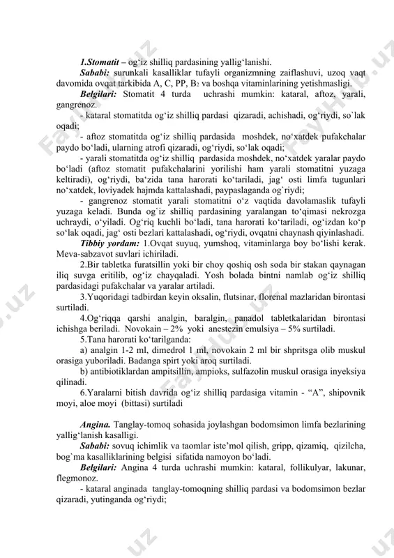 in 1-2 ml, dimedrol 1 ml, novokain 2 ml bir shpritsga olib muskul orasiga yuboriladi. badanga spirt yoki aroq surtiladi. b) antibiotiklardan ampitsillin, ampioks, sulfazolin muskul orasiga inyeksiya qilinadi. 6.yaralarni bitish davrida og‘iz shilliq pardasiga vitamin - “a”, shipovnik moyi, aloe moyi (bittasi) surtiladi angina. tanglay-tomoq sohasida joylashgan bodomsimon limfa bezlarining yallig‘lanish kasalligi. sababi: sovuq ichimlik va taomlar iste’mol qilish, gripp, qizamiq, qizilcha, bog`ma kasalliklarining belgisi sifatida namoyon bo‘ladi. belgilari: angina 4 turda uchrashi mumkin: kataral, follikulyar, lakunar, flegmonoz. - kataral anginada tanglay-tomoqning shilliq pardasi va bodomsimon bezlar qizaradi, yutinganda og‘riydi; - follikular anginada bodomsimon bezlar qizaradi, kattalashadi, ularning ustida moshdek, no‘xatdek yiring pufakchalari paydo bo‘ladi, tana harorati ko‘tariladi; - lakunar anginada tomoq bezlari kattalashadi, qizaradi, ularning oralig‘ida yiring paydo bo‘ladi, tana harorati ko‘tariladi; - flegmanoz anginada bodomsimon bezlarning ustki qismida yaralar paydo bo‘ladi, ularning atrofidagi to‘qima yiringlaydi, kasallik og‘ir kechadi, jag‘ osti limfa bezlari kattalashadi, og‘riydi, tana harorati ko‘tariladi. …