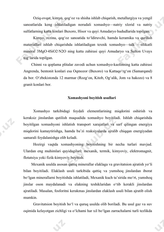 bo‘lgan zarrachalarni turli tezlikda cho‘kishiga asoslangan. gravitatsion usullar silikat materiallar, mineral tuzlar ishlab chiqarishda va metallurgiya sanoatida ishlatiladigan xomashyoni boyitishda keng qo‘llaniladi. maydalangan xomashyo aralashtirgich yordamida suv bilan aralashtirilib pulpa (qattiq materialni suyuqlik bilan aralashmasi) shaklida vertikal cho‘ktirish kameralaridan iborat tindirgichga yuboriladi. kamera bo‘ylab pulpaning harakat tezligi kamayib boradi. natijada qattiq zarrachalarning cho‘kishi osonlashadi. i—kamerada katta zarrachalar, ii va iii—kameralarda o‘rtacha va yengil zarrachalar cho‘kadi. tindirgich kameralarning sonini ko‘paytirib xomashyoni turlicha fraksiyalarga ajratish mumkin. ko‘pincha cho‘ktirish kameralarining bittasida xomashyo tarkibida keraksiz jinslar (tuproq, loyqalar) cho‘kmaga tushadi va konsentrlangan mineral keyingi kameralarda ajratib olinadi. ho‘l usulda boyitishning ikkinchi usuli gidrotsiklon deb ataladigan apparat yordamida amalga oshiriladi. bu apparat yordamida pulpa ikki oqimga ajratiladi. birinchisi katta zarrachalardan iborat og‘ir fraksiya, ikkinchisi kichik zarrachalardan iborat yengil fraksiya. gidrotsiklon silindr va konussimon qismlardan iborat. maydalangan mineralning suv bilan aralashmasi bosim ostida gidrotsiklonning silindr qismiga urinma shaklida yuboriladi. oqimning gidrotsiklonda aylanishi natijasida markazdan qochma kuch …