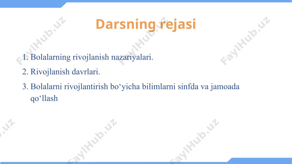 -harakatlarni o`z ichiga oladi kognitiv rivojlanish – bolalarning aql-idrokida, tushunchalarida, xotirasida va tilida sodir bo`ladigan yoshga bog`liq o`zgarishlarni anglatadi. bu oilalar, maktablar va o`quvchilar jamoasida bolalarning tajribalari bilan rivojlangan o`zgarishlardir ijtimoiy-emotsional rivojlanish – his-tuyg`ular, o`z-o`zini anglash, motivatsiya, ijtimoiy munosabatlar va axloqiy fikrlash, xulq-atvorda yuzaga keladigan ko`plab o`zgarishlarni o`z ichiga oladi va bu ko`p jihatdan bolalarning boshqa odamlar bilan o`zaro munosabatlariga bog`liq 2-reja rivojlanishda asosiy masalalar rivojlanish psixologiyasi tarixidan mazkur psixologiya fanining sohasi alohida predmet sifatida xx asrning boshlarida vujudga kelgan, lekin dastlabki ildizi qadimgi yunon madaniyatiga borib taqaladi. uning predmeti va qonuniyatlari to‘g‘risida jahon psixologiyasi olamida turli qarashlar, nazariyalar mavjud. ularning juda keng tarqalganlari biogenetik (i. shtern), sotsiogenetik (k.levin), bixevioristik (e.torndayk), psixoanalitik (3.freyd) nazariyalardir. bola rivojlanishi taraqqiyoti bosqichlarida uchta asosiy muammo ajratiladi tabiat va tarbiya bolaning rivojlanishidagi genetik omillar va atrof-muhit ta’sirining birlashuvi universallik va xilma-xillik taraqqiyot yo`lidagi umumiylik va xilma-xillik sifat va miqdor o`zgarishi rivojlanish ko'pincha xatti-harakatlar va fikrlash …