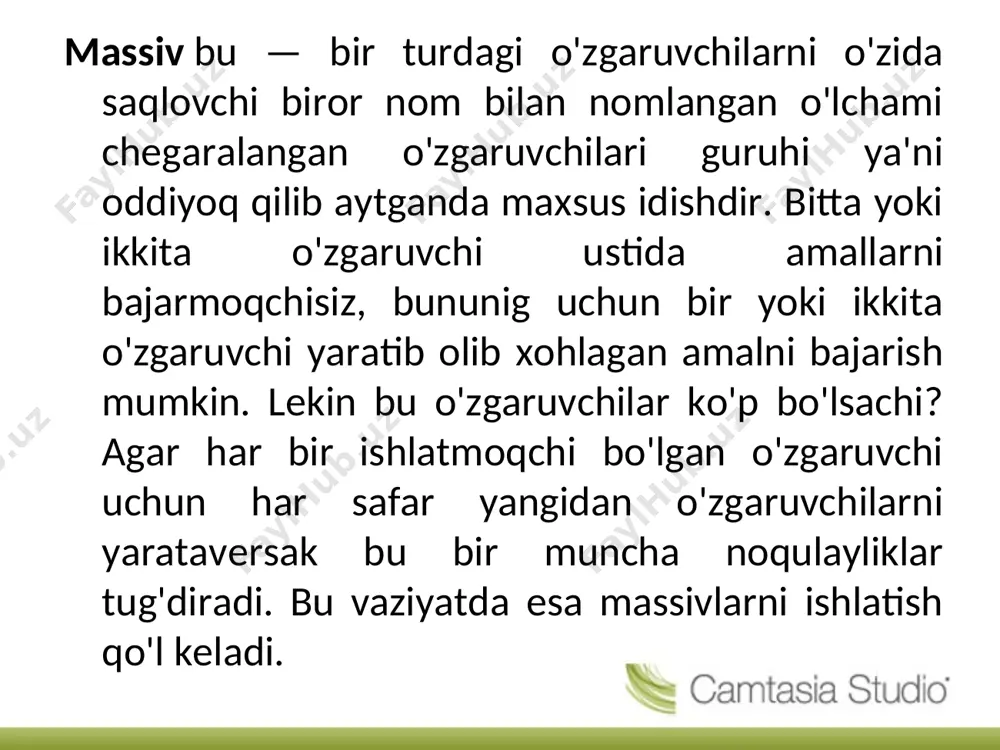 , uy, qalam , motosikil , televizor va h.k. ularning barchasining albatta xususiyatlari va bajaradigan vazifalari (funksiyalari) bor. masalan, mushuk hususiyatlari: rangi, qorni to'qligi, yoshi, jinsi; funksiyalari: ovqat yeyishi, miyovlashi, yurishi, sichqon tutishi. mashina xususiyatlari: tezligi, rangi, nomi, narxi; funksiyalari: yurishi, to'xtashi, oyna artgichlarining ishlashi, eshiklarning ochilib yopilishi va h.k. bu kabi hayotiy misollarning hususiyatlari va funksiyalarini aniqlash oyd nuqtai nazaridan fikrlashning eng zo'r ko'rinishidir. dasturlashdagi obyekt. dasturlashdagi obyekt(bundan keyin oddiygina obyekt deb ketiladi) ham haqiqiy hayotdagi obyektlarga o'xshash: ular ham qandaydir xususiyatlar va bajaradigan funksiyalardan iborat bo'ladi. obyektning xususiyatlari har xil dasturiy o'zgaruvchilardan iborat bo'ladi va ularning o'zgartirish uchun qandaydir funksiyalar bajariladi. bunday funksiyalar bilan o'zgaruvchilarning holatini berkitish mumkin ya'ni aynan o'sha o'zgaruvchini tashqaridan o'zgartirish uchun albatta maxsus funksiyadan foydalanish kerak bo'ladi. bu jarayon "enkapsulatsiya" deb atalib, oydning eng muxim tushunchalaridan biridir. demak, ko'rinib turipdiki mashina ham o'z navbatida bir necha mayda obyeklardan iborat bo'ladi. va albatta ularni kodda …