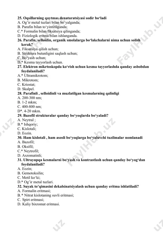 ’lchash usuli; b. to’qima va a’zolarni ko’chirib o’tkazish usuli; c. to’qimalarni mikroskop ostida suratga olish usuli; d. hujayralarda maxsus asbob yordamida operatsiyalar o’tkazish usuli. 45. immunogistokimyoviy tekshirish usuli nimaga asoslangan? a. ob’yektlarning oq – qoraligini keskin oshirish hisobiga boyalmagan preparatlarni o’rganishga; b. hujayralarda maxsus asbob yordamida operatsiyalar o’tkazib yadroni ajratib olishga; c. *to’qimalarda va hujayralarda mavjud bo’lgan gormonlarni nishonlangan antitelolar yordamida aniqlashga; d. hujayra ichidagi nozik tuzilmalarni o’rganishga. 46. sito va gistokimyoviy tekshirishlarning qaysi usillarida radioktiv elementlardan foydalaniladi? a.* radioavtografiya usulida; b. interferometriya usulida; c. sitospektrofotometriya usulida; d. mikrojarrohlik usulida. 47. hujayra qanday qismlardan iborat? a.* hujayra qobig’i, sitoplazma, yadro; b. organellalar , kiritmalar, gialoplazma; c. lizosoma,yadro, xromatin; d. kiritmalar, gialoplazma, yadro. 48. mitoz bo’linishining fazalarini ketma - ketligini belgilang. a. telofaza, anafaza, metafaza, profaza; b. * profaza, metafaza, anafaza, telofaza; c. anafaza, profaza, telofaza, metafaza; d. metafaza, profaza, telofaza, anafaza. 49. membranali hujayra organellalarini aniqlang. a. * mitoxondriya, endoplazmatik …