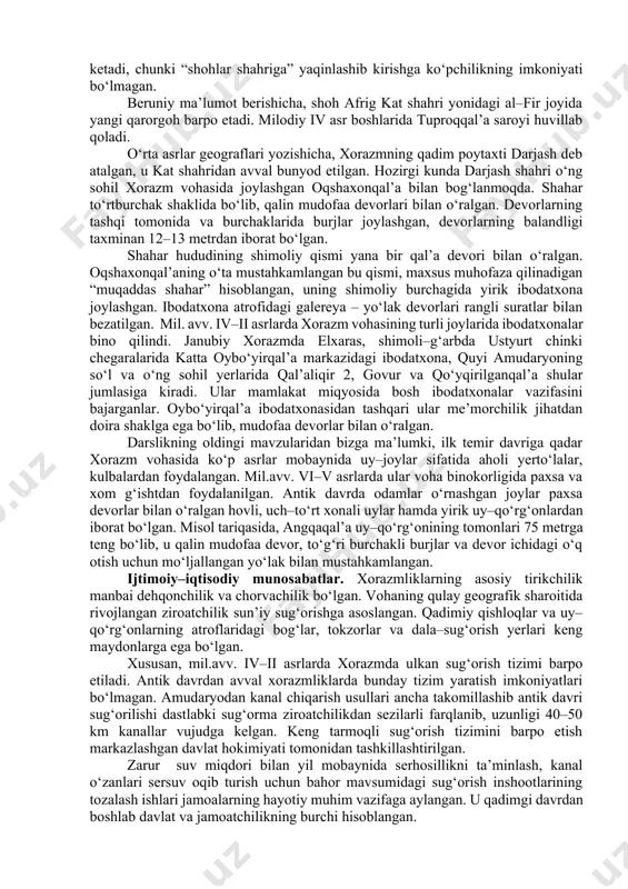 rsiga yo‘l olishga to‘siq bo‘lib turganlar. ular ziroatchilik bilan ham shug‘ullanib, shaharlar va qal’alar bunyod etish ko‘nikmalarga ega edi. quyi sirdaryoda qadimshunoslar tomonidan o‘rganilgan chirikrabot, babishmo‘lla, balandi, baroqtom kabi yodgorliklar shular jumlasidandir. mil. avv. iii asrda sirdaryoning qadimiy quyi o‘zanlarida suv ta’minotining to‘xtab qolishi va daryoning zamonaviy o‘zani paydo bo‘lishi natijasida, tub joyli aholi avval o‘zlashtirgan yerlarni tark etishga majbur bo‘ldi. ehtimol, aynan shu chorvadorlar quyi sirdaryodan o‘rta sirdaryo hududlariga ko‘chib, qang‘ davlatiga asos solganlar. mil. avv. iv asrda qadimgi xorazmning bir qator shaharlarida (xiva, xazorasp, qazaqliyotgan – oqshaxonqala, katta oybo‘yirqal’a) yirik binokorlik ishlar amalga oshirildi. bir vaqtning o‘zida keng tarmoqli sug‘orish tizimi yaratildi. shaharlar alohida dehqonchlik voha – tumanlari markazlariga aylandi. me’morchilik loyiha bo‘yicha shaharlarda binokorlik ishlarini amalga oshirish, mudofaa tizimi va eski binolarni ta’mirlash, yangilarni bunyod etish, qurilish texnologiyalarni takomillashtirishni taqozo etgan. qudratli mudofaa inshootlari, yirik ibodatxona va saroylarni bino qilish uchun millionlab xom g‘isht kerak bo‘lgan. davlatning …