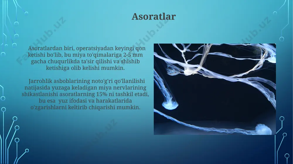 ngi reabilitatsiya jarayoni o'rtacha 3-6 oy davom etadi va intensiv terapiya, fizioterapiya va ergoterapevt xizmatlarini o'z ichiga oladi. muvaffaqiyatli reabilitatsiya natijalariga erishish uchun, bemorlar kuniga kamida 2-3 soat reabilitatsiya mashg'ulotlariga qatnashishlari va uy sharoitida ham muntazam mashqlarni bajarishi kerak. miyada sopi anatomiyasi miyada sopisining uzunligi taxminan 7-8 sm bo'lib, uning tarkibida 12 juft bosh miya nervlarining 10 tasi joylashgan va ular bosh va bo'yin mushaklarini innervatsiya qiladi. miyada sopisi retikulyar formatsiya deb ataluvchi murakkab neyron tarmog'iga ega bo'lib, bu uyqu-uyg'onish siklini, ongni va muskullar tonusini tartibga soladi. mikroxirurgiya mikroxirurgiyada qon ketishini minimallashtirish uchun mikro-qisqichlar va mikro-tigishlar kabi maxsus mikro-asboblardan foydalaniladi, bu esa operatsiya muvaffaqiyatli bo'lishiga yordam beradi. mikroskopik asboblar va yuqori darajadagi ko'rish qobiliyatini ta'minlovchi mikroskoplardan foydalanish orqali mikroxirurgiya yuqori darajadagi aniqlikni ta'minlaydi va operatsiyadan keyingi asrashlarni kamaytiradi. e'tiboringiz uchun rahmat @taqdimot_robot image3.jpg image4.jpg image5.jpg image6.jpg image7.jpg image8.jpg image9.jpg image10.jpg image11.jpg image12.jpg image13.jpg image14.jpg image15.jpg image16.jpg image17.jpg image18.jpg image19.jpg image2.png