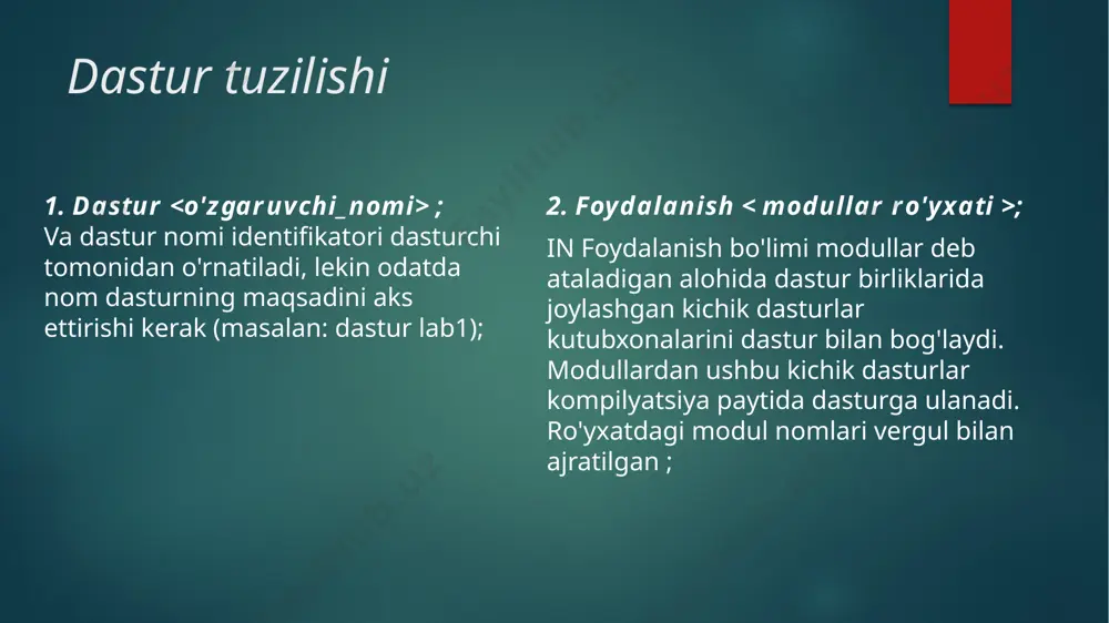 ri shakllantirilishi mumkin. object pascal alifbosi quyidagi belgilarni o'z ichiga oladi: identifikatorlarni yaratish uchun ishlatiladigan belgilar : - 53 harf - katta va kichik lotin harflari va pastki chiziq. - 10 ta raqam (0-9). ajratuvchi belgilar (bo'sh joy): - bo'sh joy , uning asosiy maqsadi kalit so'zlar va nomlarni turli xil til konstruksiyalarini qurishda muayyan funktsiyalarni bajaradigan maxsus belgilar: - 23 ta maxsus belgi ( + – * /{ } [ ] ( ) / ? ' : ; ^ # @ $) kompozit belgilar - kompilyator tomonidan bir butun sifatida qabul qilinadigan belgilar guruhi : := topshiriq <> teng emas . . qiymatlar diapazoni = dan katta yoki teng (* va *) - jingalak qavslarga muqobil { va } (. va .) - kvadrat qavslarga muqobil [ va ] paskal tilida qo'llaniladigan so'zlar to'plamini uch guruhga bo'lish mumkin: zaxiralangan so'zlar, standart identifikatorlar va foydalanuvchi identifikatorlari. 1. zaxira so‘zlar tilning …