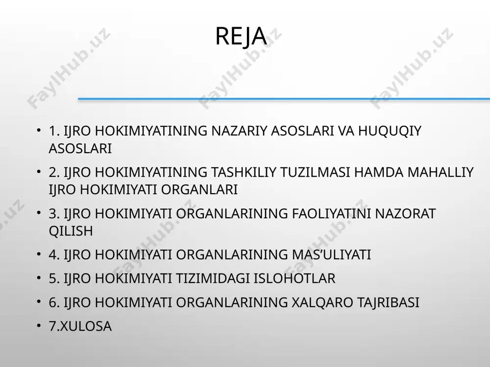 tsiyada quyidagi jihatlar belgilanadi: davlat boshqaruv shakli (prezidentlik, parlament yoki aralash tizim).ijro hokimiyatining tuzilishi va vakolatlari.ijro hokimiyati organlarining qonun chiqaruvchi va sud hokimiyatiga nisbatan mustaqilligi yoki hisobdorligi. davlat boshqaruvida qonuniylik, demokratiya va inson huquqlari tamoyillari.o‘zbekiston misolida:o‘zbekiston respublikasining konstitutsiyasi ijro hokimiyatining huquqiy asoslarini belgilaydi. masalan, 98-moddada o‘zbekiston respublikasi vazirlar mahkamasi ijro hokimiyatining oliy organi ekanligi qayd etilgan. 2. qonunlar va kodekslarijro hokimiyatining huquqiy asoslarini mustahkamlovchi asosiy qonunlar va kodekslar quyidagilardan iborat: “o‘zbekiston respublikasi prezidenti to‘g‘risida”gi qonun – prezidentning huquqiy maqomi, vakolatlari va faoliyat doirasi belgilanadi. “o‘zbekiston respublikasi vazirlar mahkamasi to‘g‘risida”gi qonun – hukumatning tuzilishi, vakolatlari va javobgarligi aniqlanadi.davlat boshqaruviga oid boshqa qonunlar – masalan, davlat xizmati, mahalliy hokimiyat, budjet tizimi, korrupsiyaga qarshi kurash to‘g‘risidagi qonunlar.ma’muriy kodeks – davlat boshqaruviga oid ma’muriy huquqbuzarliklar va ularni tartibga soluvchi qoidalar belgilangan. 3. farmon va qarorlarijro hokimiyati faoliyati davlat rahbarining farmonlari, hukumat qarorlari va mahalliy hokimiyat hujjatlari bilan ham tartibga solinadi.prezident farmonlari – davlat siyosatining …