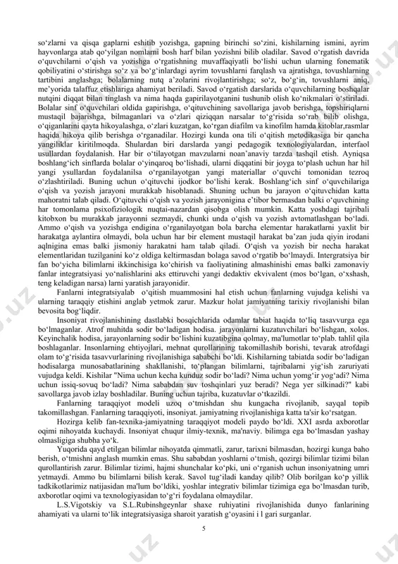 ar sinf o‘quvchilari oldida gapirishga, o‘qituvchining savollariga javob berishga, topshiriqlarni mustaqil bajarishga, bilmaganlari va o‘zlari qiziqqan narsalar to‘g‘risida so‘rab bilib olishga, o‘qiganlarini qayta hikoyalashga, o‘zlari kuzatgan, ko‘rgan diafilm va kinofilm hamda kitoblar,rasmlar haqida hikoya qilib berishga o‘rganadilar. hozirgi kunda ona tili o‘qitish metodikasiga bir qancha yangiliklar kiritilmoqda. shulardan biri darslarda yangi pedagogik texnologiyalardan, interfaol usullardan foydalanish. har bir o‘tilayotgan mavzularni noan’anaviy tarzda tashqil etish. ayniqsa boshlang‘ich sinflarda bolalar o‘yinqaroq bo‘lishadi, ularni diqqatini bir joyga to‘plash uchun har hil yangi ysullardan foydalanilsa o‘rganilayotgan yangi materiallar o‘quvchi tomonidan tezroq o‘zlashtiriladi. buning uchun o‘qituvchi ijodkor bo‘lishi kerak. boshlang‘ich sinf o‘quvchilariga o‘qish va yozish jarayoni murakkab hisoblanadi. shuning uchun bu jarayon o‘qituvchidan katta mahoratni talab qiladi. o‘qituvchi o‘qish va yozish jarayonigina e’tibor bermasdan balki o‘quvchining har tomonlama psixofiziologik nuqtai-nazardan qisobga olish mumkin. katta yoshdagi tajribali kitobxon bu murakkab jarayonni sezmaydi, chunki unda o‘qish va yozish avtomatlashgan bo‘ladi. ammo o‘qish va yozishga endigina o‘rganilayotgan bola …