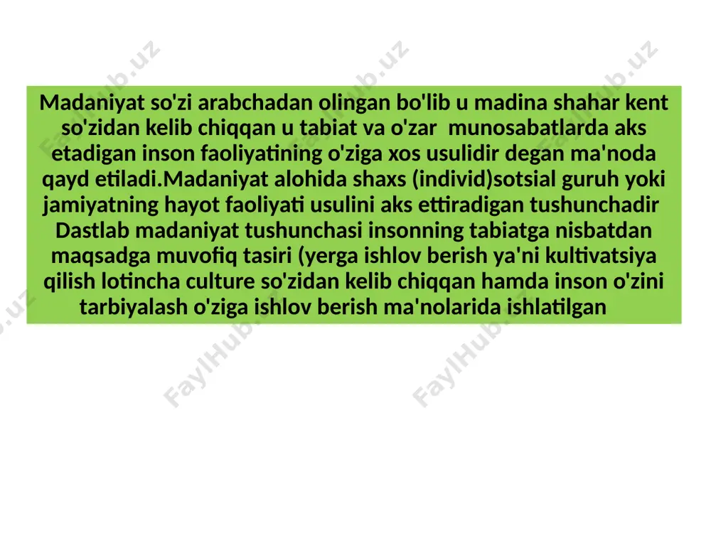mumkin degan fikrda bolgan va madaniyatni madaniyatni tarixiy jarayon sifatida baholagan uning fikriga ko'ra antropologiya insonni tarixiy jarayonlarda ochiq tadqiq qilish kerak moddiy va manaviy madaniyat moddiy madaniyat deb insoniyat tomonidan yaratilgan obyektlarl shunindek insturmental vositalar jihozlar avtomobillar,dambalar yo'llar,ko'prko'priklar kabi inson faoliyati natijasida o'zi uchun moddiylik asosida yaratgan narsalarini misol qilib keltirish mumkin .qadimgi obidalar ishlab chiqarish usullari texnik va moddiy jihozlar moddiy madaniyatning namunalari hisoblanadi moddiy madaniyatni o'zgarishi va rivoj topishi bilan svilizatsiya rivojlanadi. manaviy madaniyat insonni ichki ruhiy dunyosini yuzaga chiqaradi etiboringiz uchun rahmat image1.jpeg image2.jpeg image3.jpeg